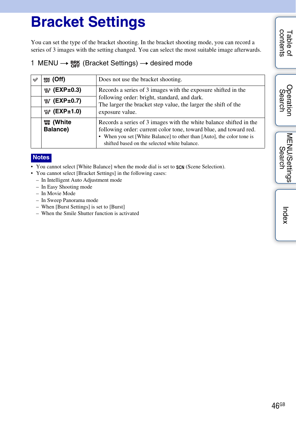 Bracket settings | Sony DSC-H55 User Manual | Page 46 / 132