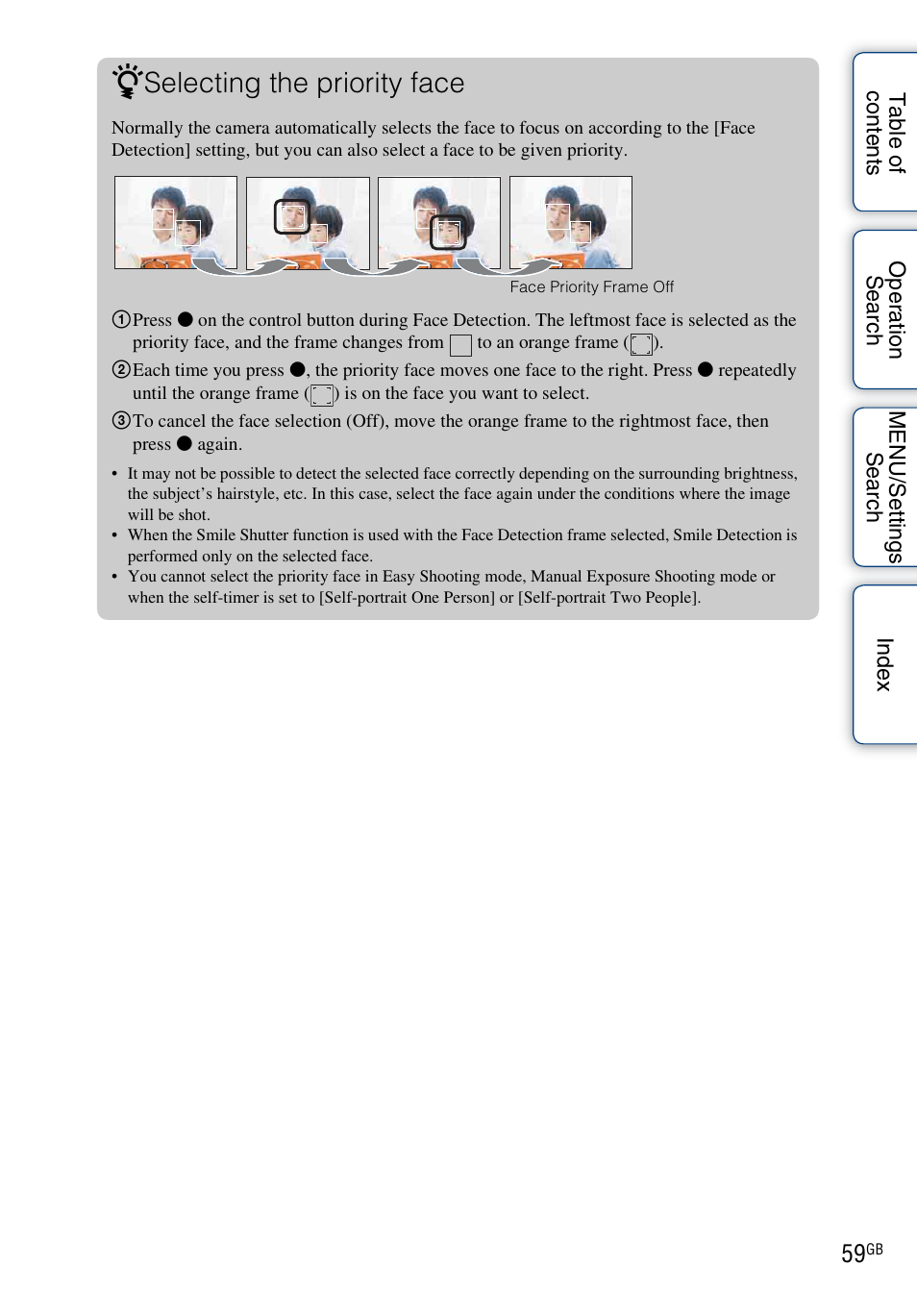 Selecting the priority face | Sony DSC-H55 User Manual | Page 59 / 132