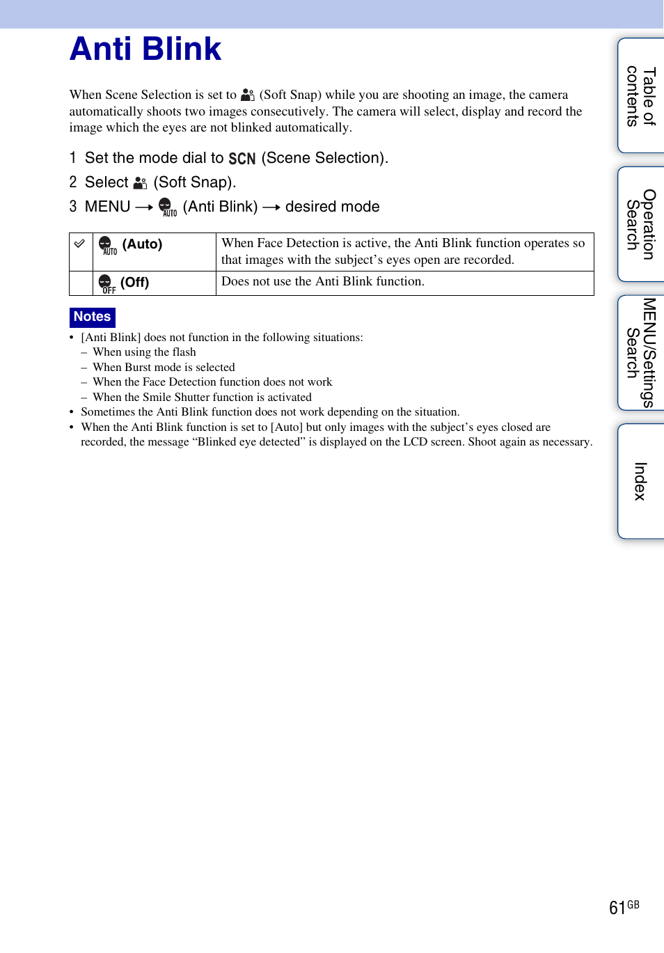 Anti blink | Sony DSC-H55 User Manual | Page 61 / 132