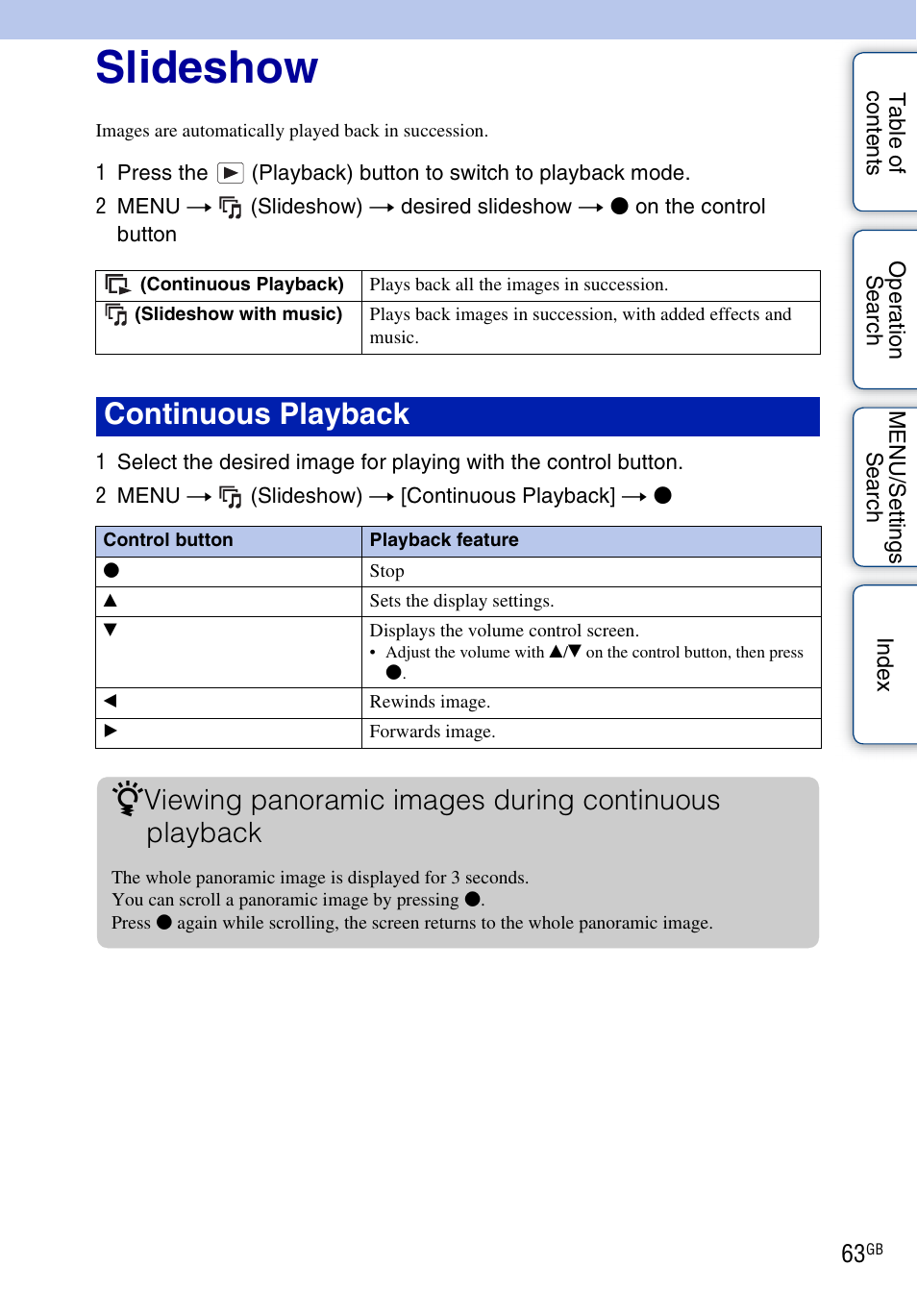 Slideshow, Continuous playback | Sony DSC-H55 User Manual | Page 63 / 132