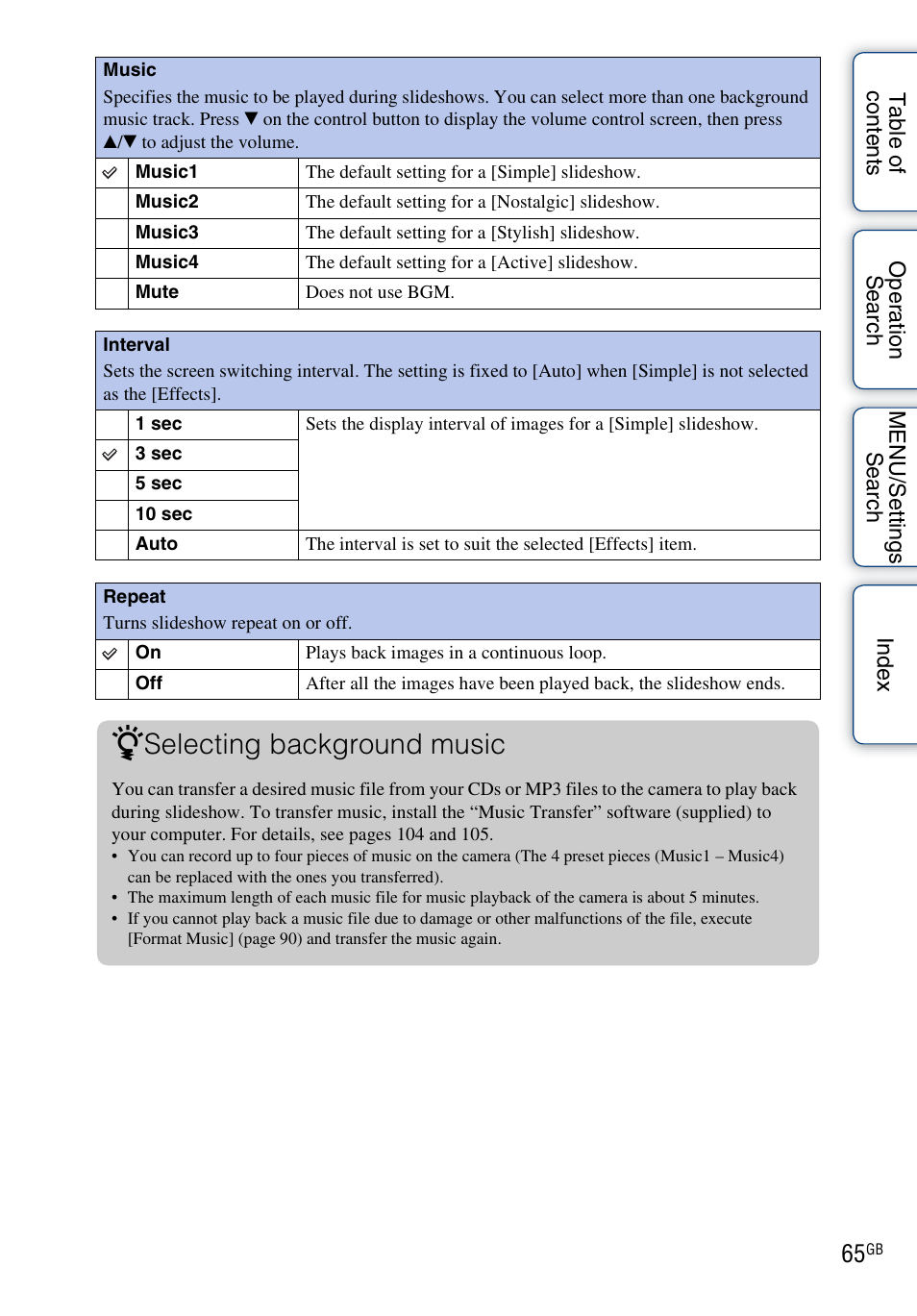 Selecting background music | Sony DSC-H55 User Manual | Page 65 / 132