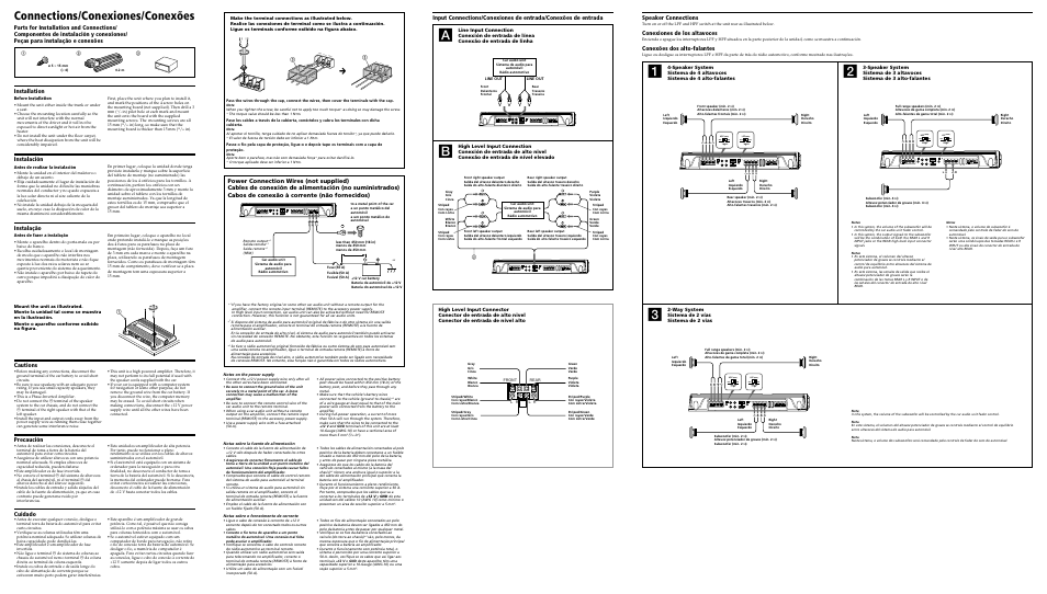 Connections/conexiones/conexões, Speaker connections, Conexiones de los altavoces | Conexões dos alto-falantes, Instalación instalação, Installation, Way system sistema de 2 vías sistema de 2 vias | Sony XM-ZR604R User Manual | Page 2 / 2