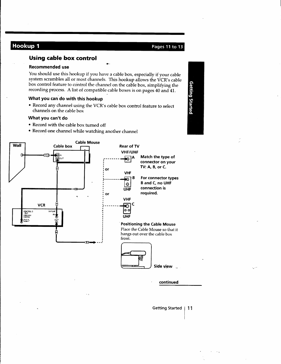 Hookup 1, Using cable box control, Recommended use | What you can do with this hookup, What you can't do, Cable mouse, Rear of tv vhf/uhf, Positioning the cable mouse, Continued | Sony SLV-998HF User Manual | Page 11 / 100
