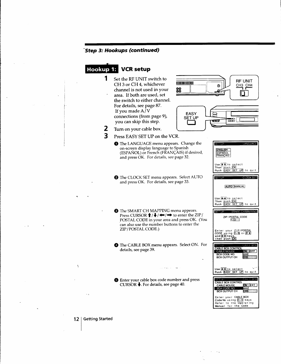 Hookup 1, Vcr setup, Hookup 1: vcr setup | Step 3: hookups (continued) | Sony SLV-998HF User Manual | Page 12 / 100