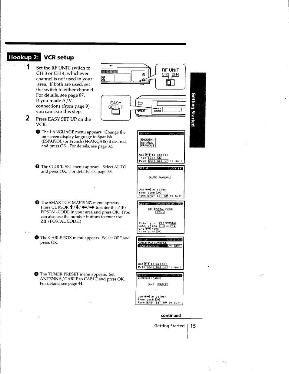 Hookup 2, Vcr setup, Continued | Hookup 2: vcr setup | Sony SLV-998HF User Manual | Page 15 / 100