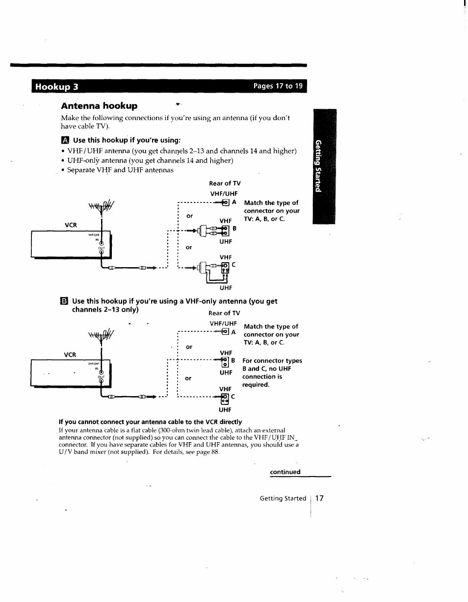 Hookup 3, Antenna hookup, Q use this hookup if you're using | Rear of tv, Vhf/uhf ■ - a, Continued | Sony SLV-998HF User Manual | Page 17 / 100