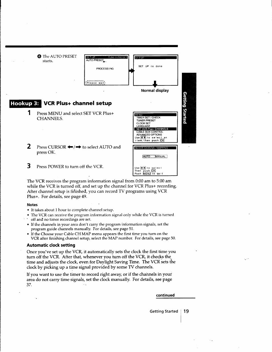 Normal display, Vcr plus+ channel setup, Notes | Automatic clock setting, Continued | Sony SLV-998HF User Manual | Page 19 / 100