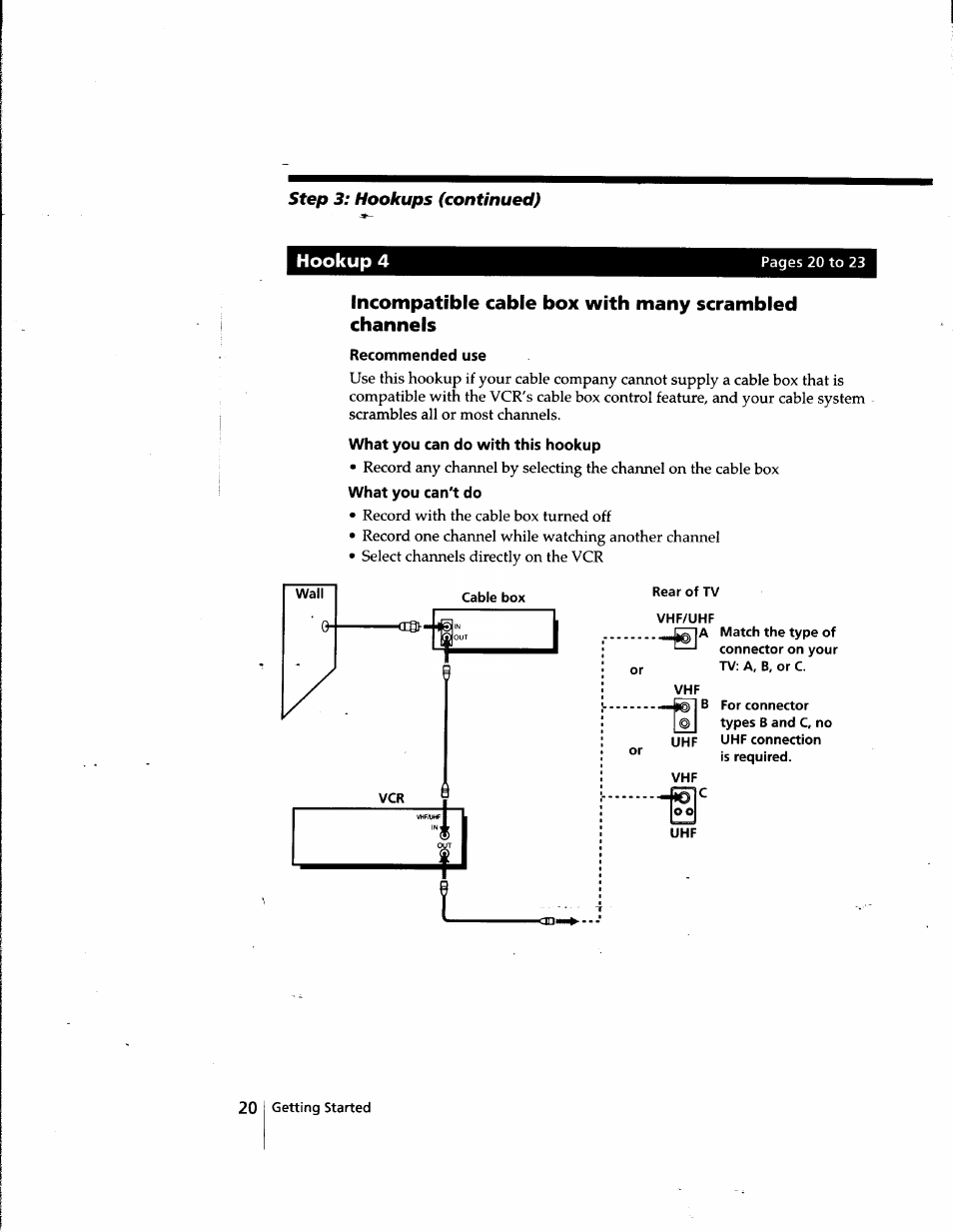 Hookup 4, Recommended use, What you can do with this hookup | What you can't do, Step 3: hookups (continued) | Sony SLV-998HF User Manual | Page 20 / 100