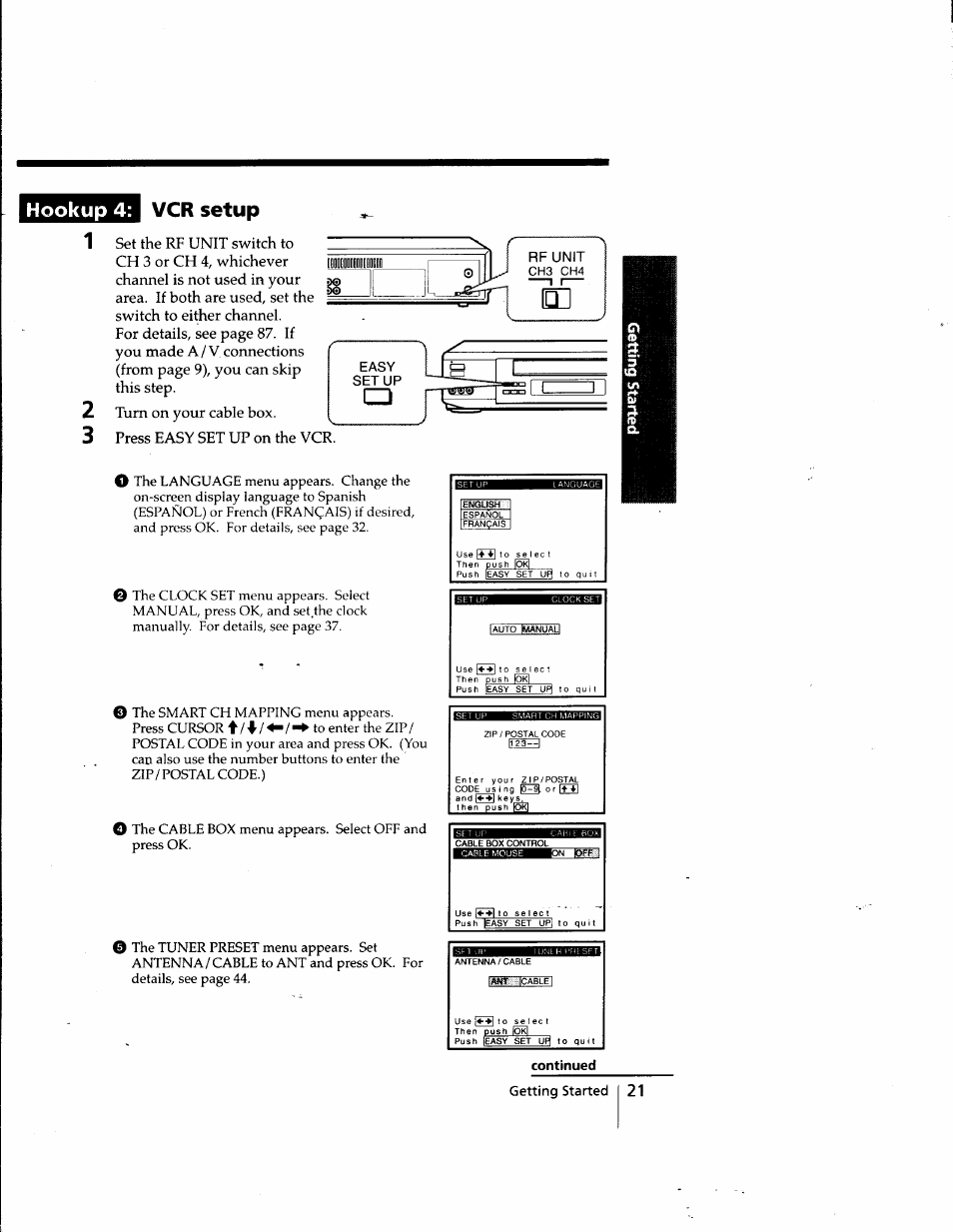 Hookup 4, Vcr setup, Continued | Hookup 4: vcr setup | Sony SLV-998HF User Manual | Page 21 / 100