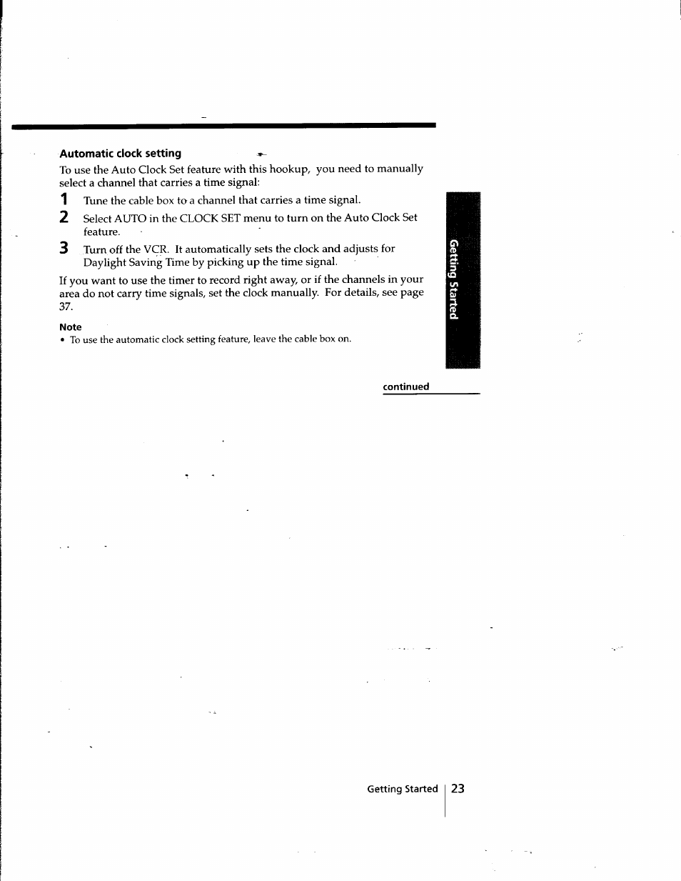 Automatic clock setting, Note, Continued | Sony SLV-998HF User Manual | Page 23 / 100