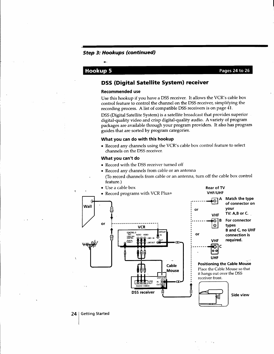 Hookup 5, Dss (digital satellite system) receiver, Recommended use | What you can do with this hookup, What you can't do, For connector types, Step, Hookups (continued) | Sony SLV-998HF User Manual | Page 24 / 100