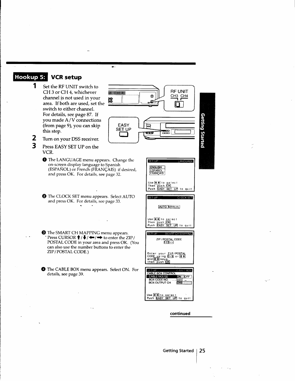 Continued, B___ j, Hookup 5: vcr setup | Sony SLV-998HF User Manual | Page 25 / 100