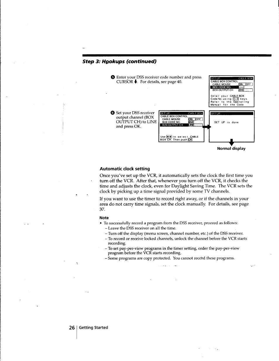 Normal display, Automatic clock setting, Note | Step, Hgokups (continued) 0 | Sony SLV-998HF User Manual | Page 26 / 100