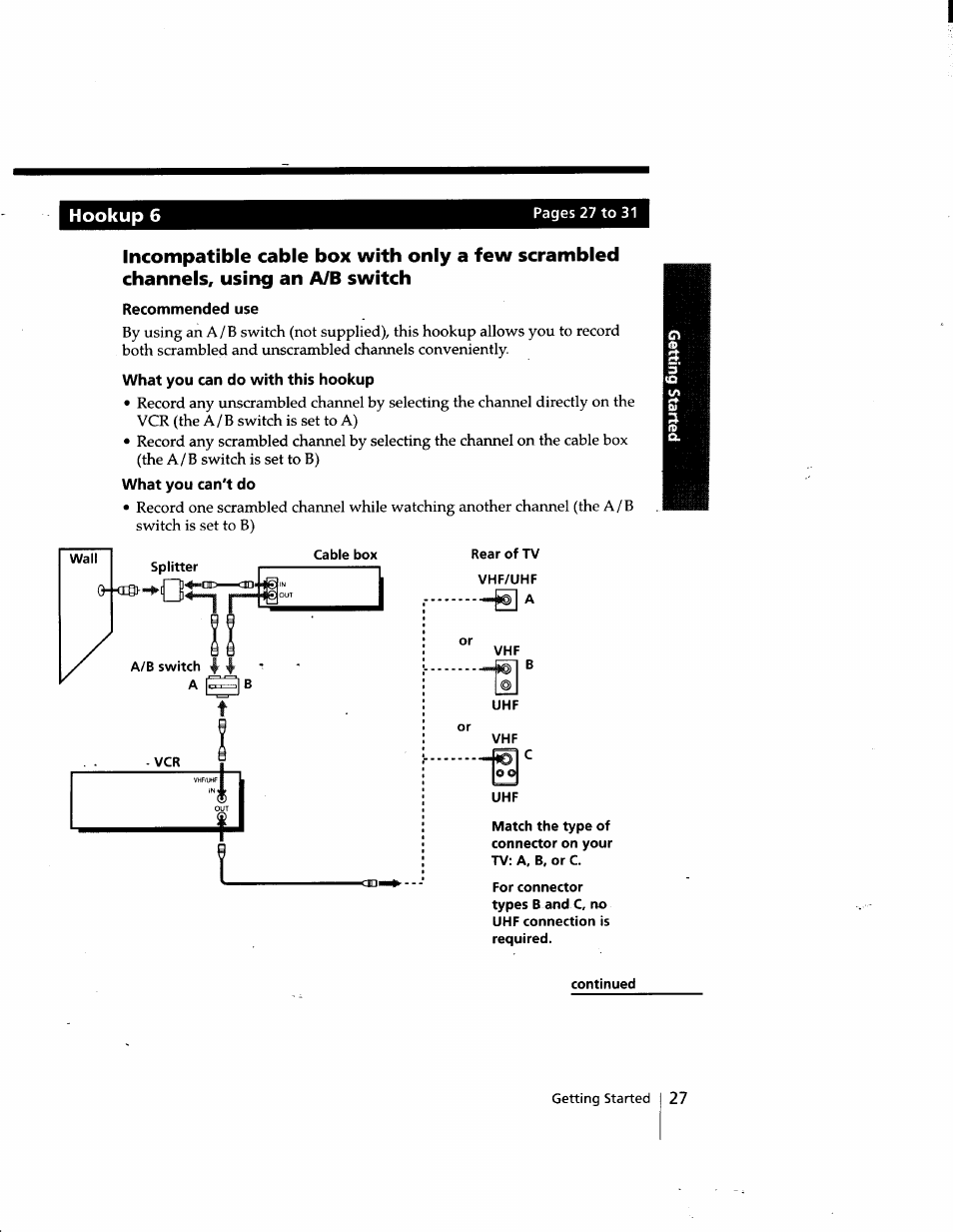 Hookup 6, Recommended use, What you can do with this hookup | What you can't do, Rear of tv, Vhf/uhf a, Continued | Sony SLV-998HF User Manual | Page 27 / 100