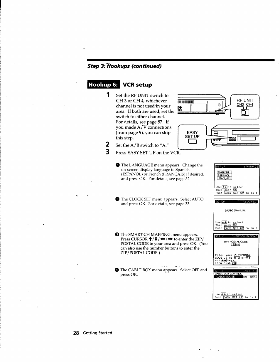 Rf unit, Hookup 6: vcr setup, Hookups (continued) | Step | Sony SLV-998HF User Manual | Page 28 / 100