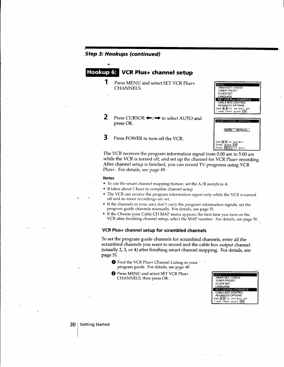 Vcr plus+ channel setup, Notes, Vcr plus+ channel setup for scrambled channels | Step, Hookup 6: vcr plus+ channel setup, Hookups (continued) | Sony SLV-998HF User Manual | Page 30 / 100