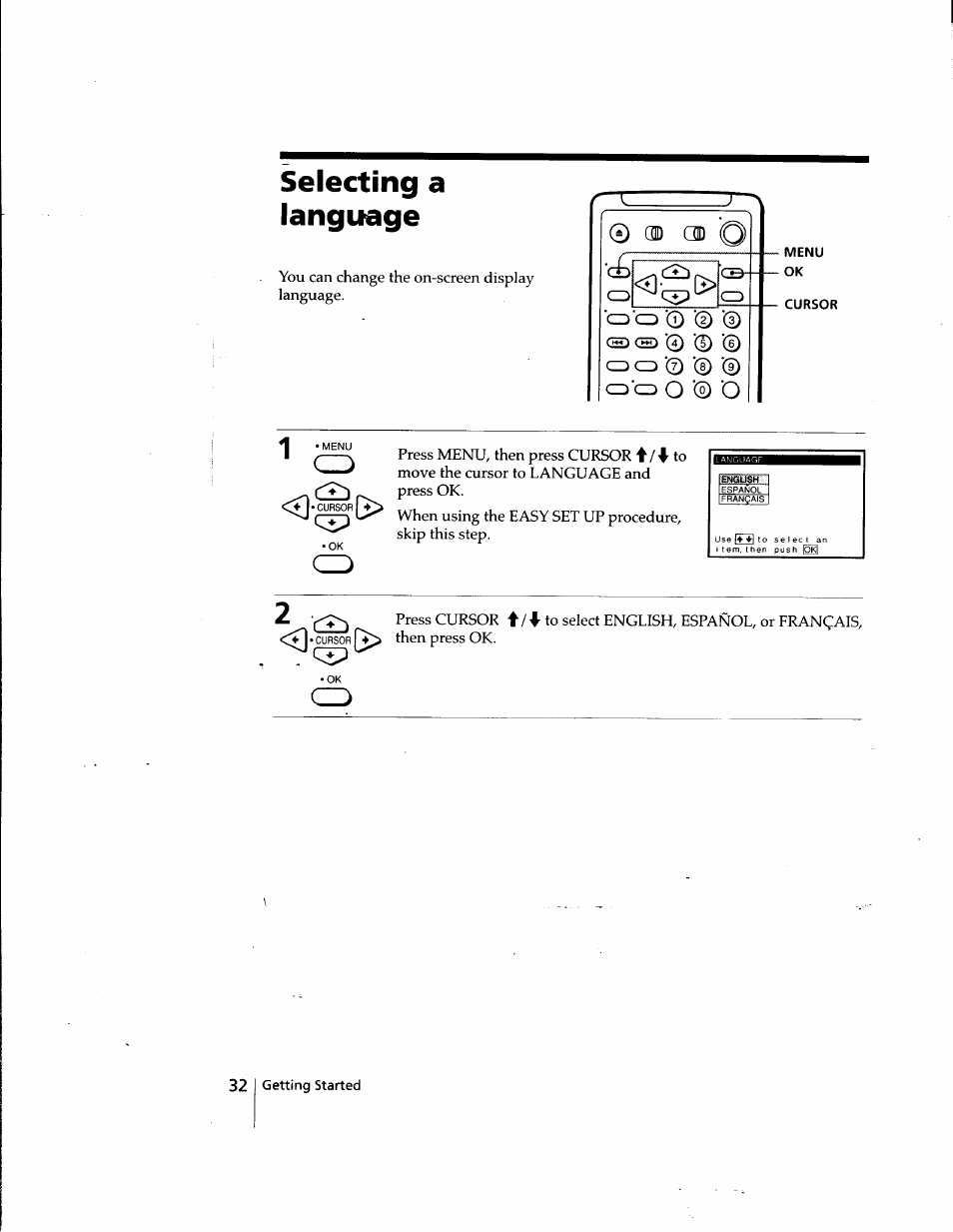 Selecting a language, Menu, Cursor | 0 (d od | Sony SLV-998HF User Manual | Page 32 / 100