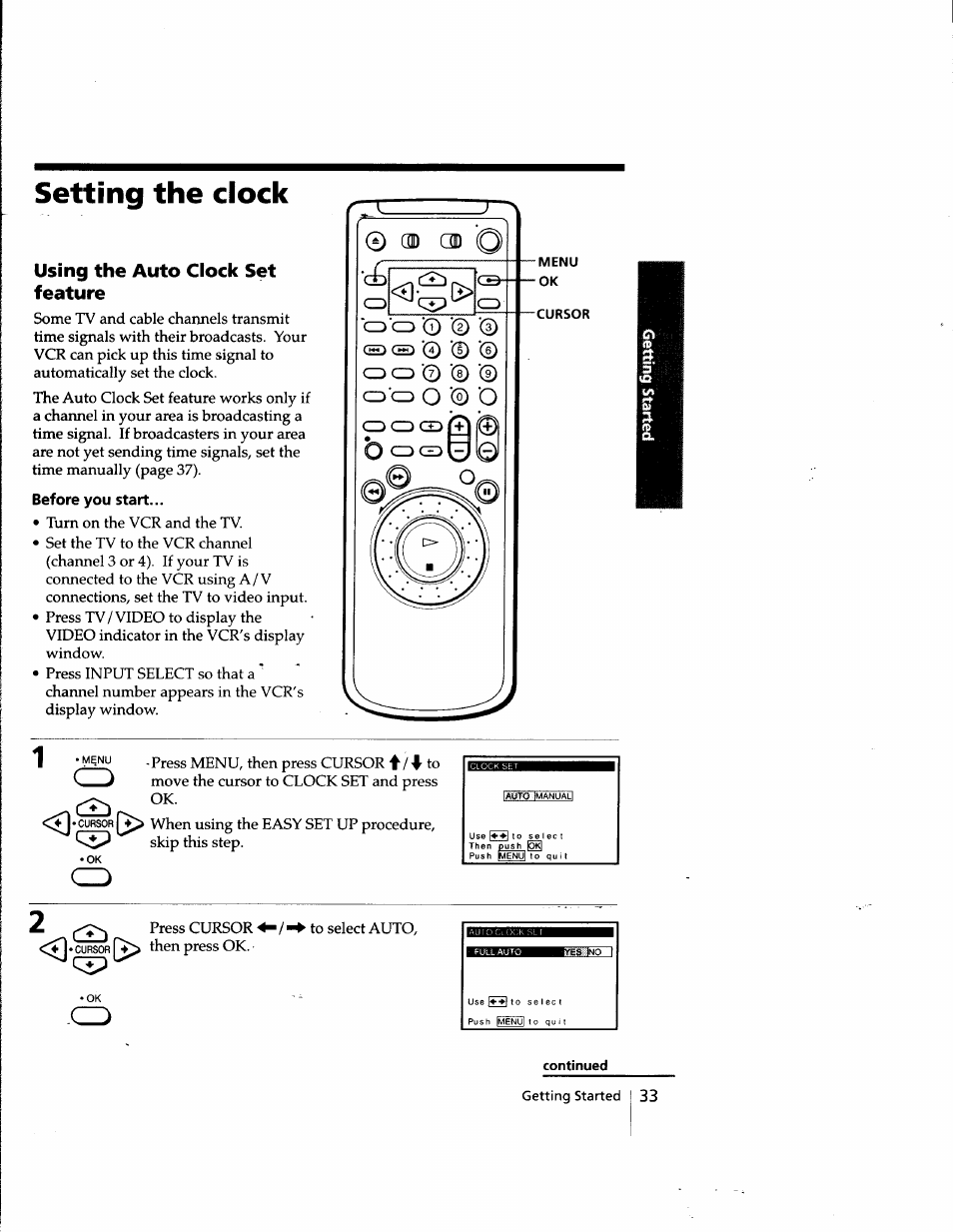 Setting the clock, Using the auto clock set feature, Continued | Sony SLV-998HF User Manual | Page 33 / 100