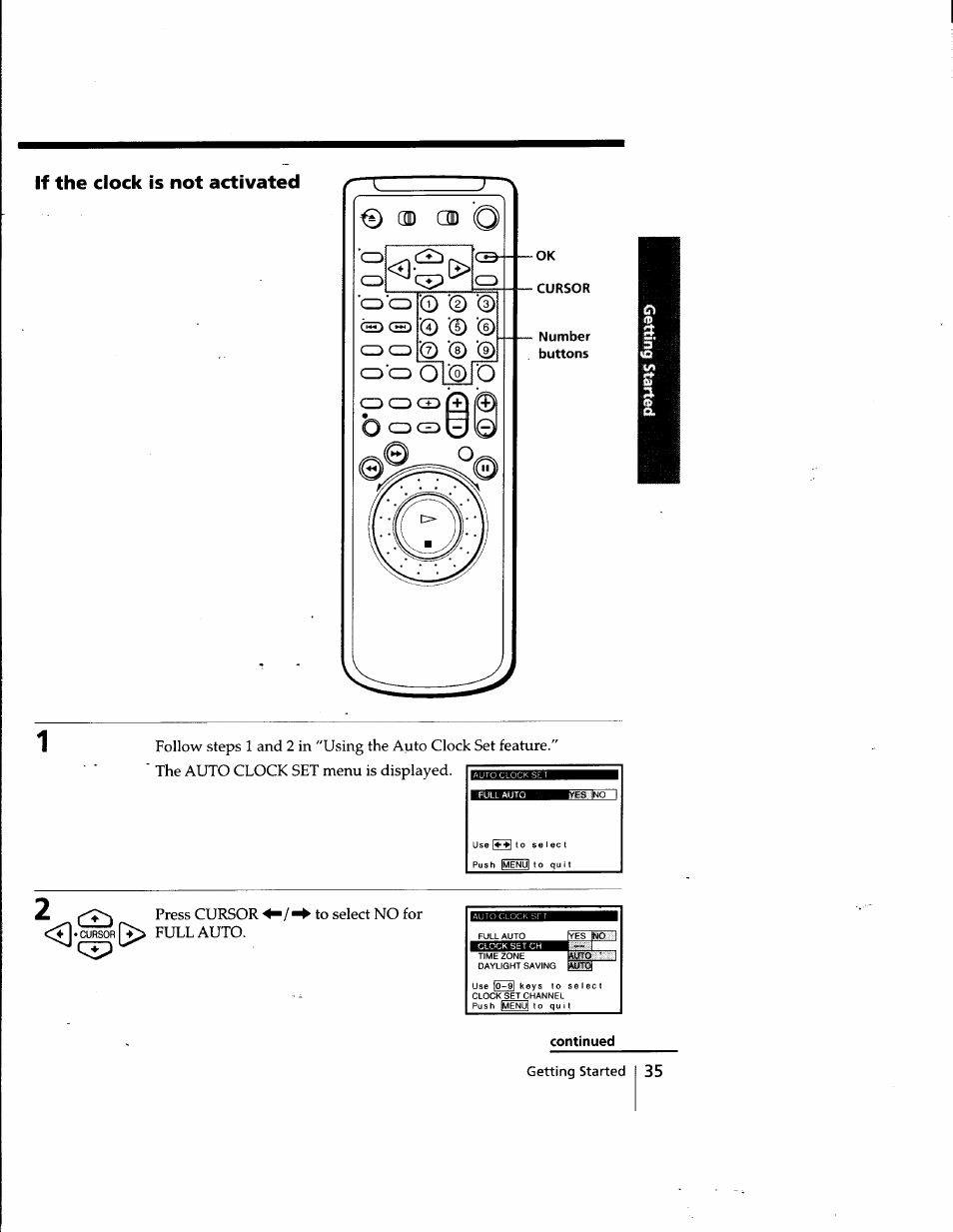 If the clock is not activated, Continued, Cpress cursor • full auto. ■ /^ to select no for | Sony SLV-998HF User Manual | Page 35 / 100