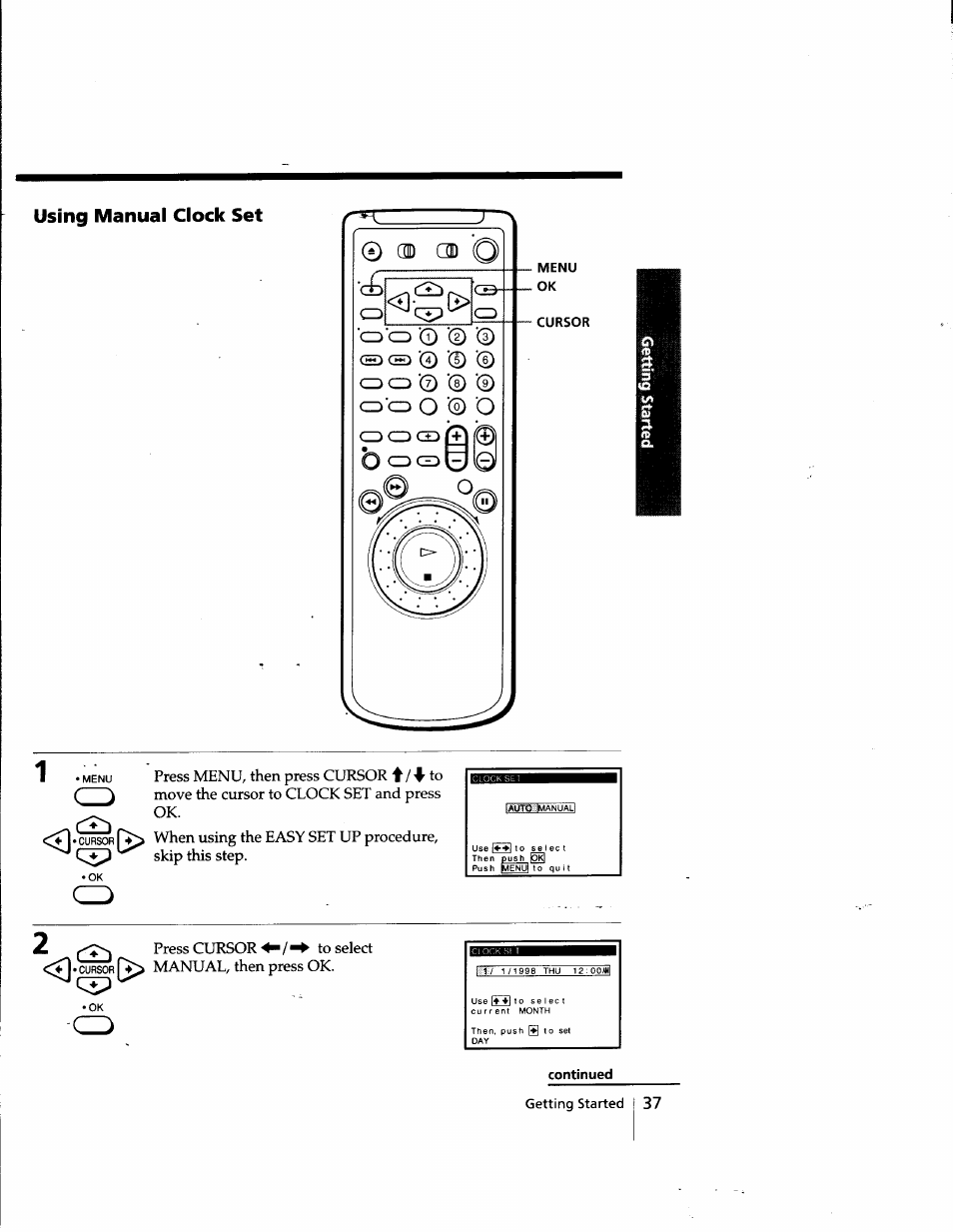 Using manual clock set, Continued | Sony SLV-998HF User Manual | Page 37 / 100