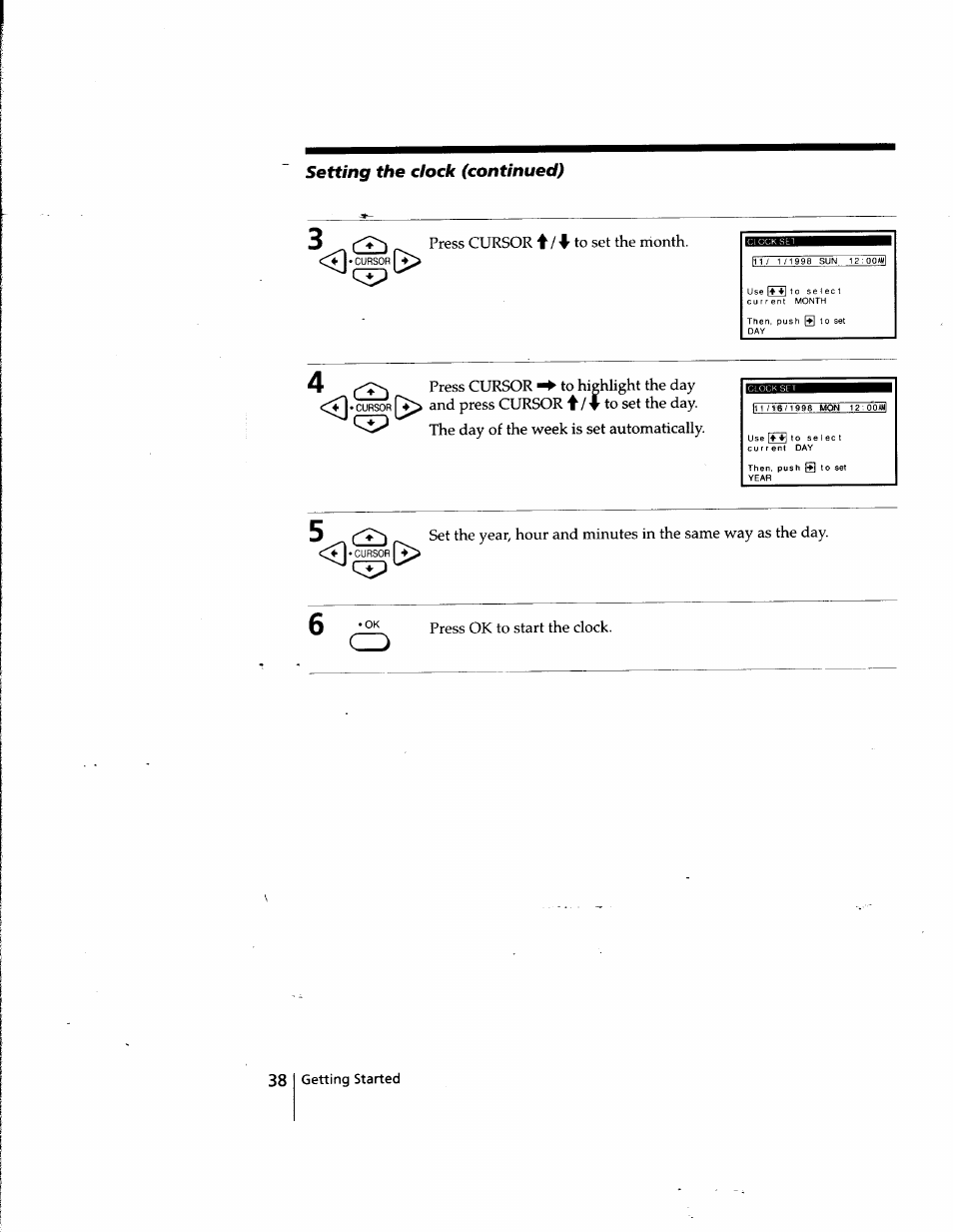 Setting the clock (continued) | Sony SLV-998HF User Manual | Page 38 / 100