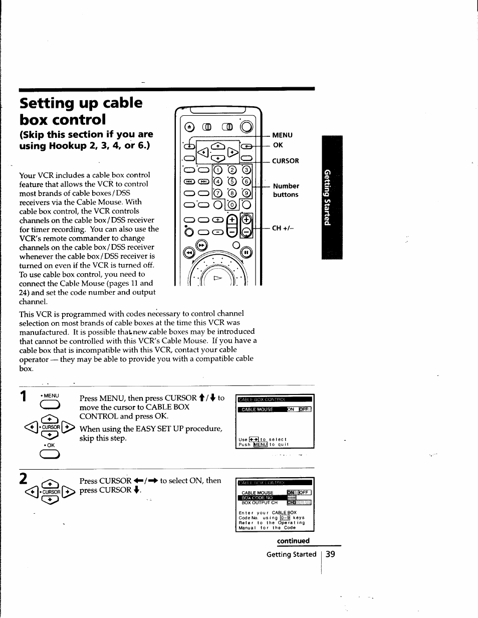 Setting up cable box control, D) cd o, Menu | Cursor, Number, Continued | Sony SLV-998HF User Manual | Page 39 / 100