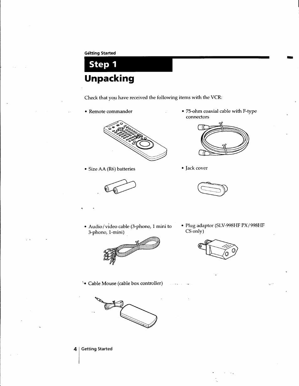 Getting started, Unpacking, Step 1 | Sony SLV-998HF User Manual | Page 4 / 100