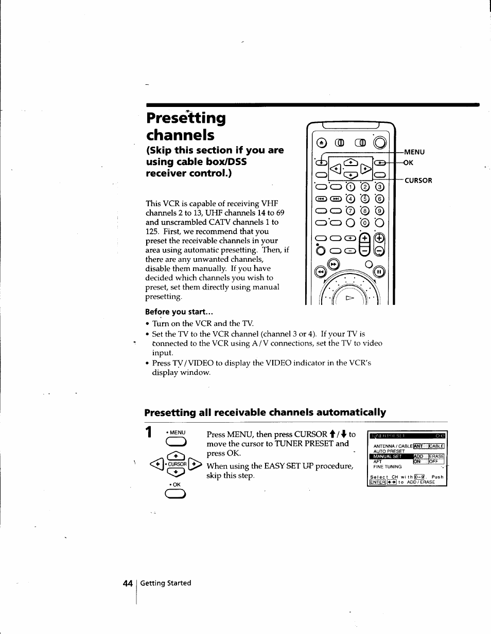 Presetting, Channels, Presetting all receivable channels automatically | Presetting channels | Sony SLV-998HF User Manual | Page 44 / 100