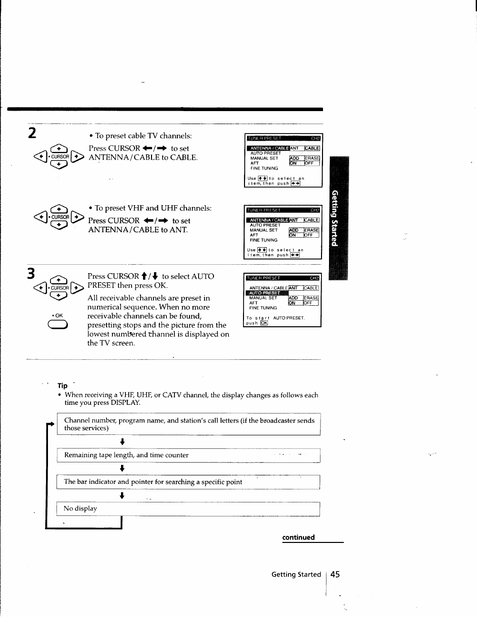 Continued, L«to preset cable tv channels: press cursor to set, Antenna/cable to cable | Sony SLV-998HF User Manual | Page 45 / 100