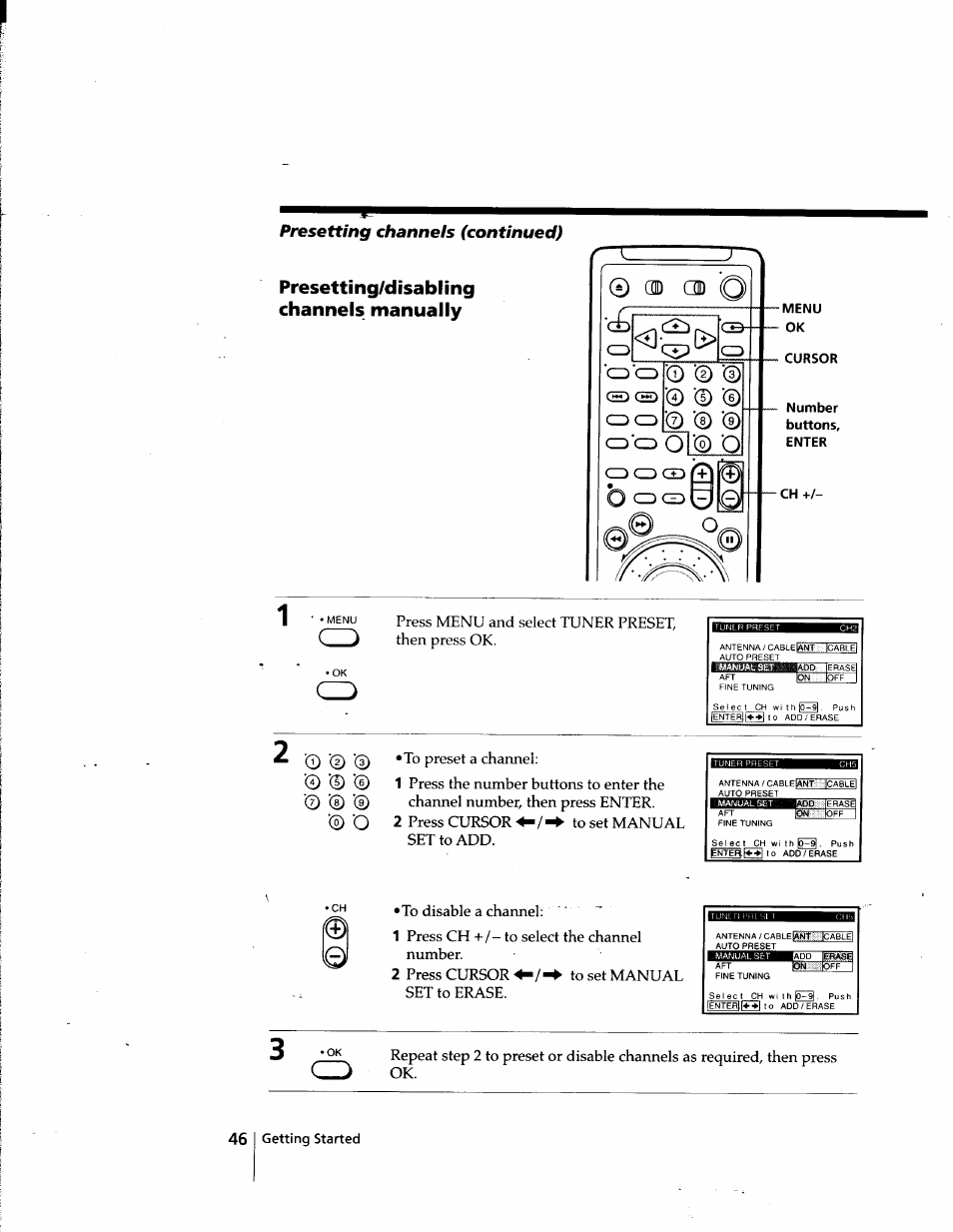 Presetting/disabling channels manually, 0 c® od, Menu | Cursor, Number, Enter, O '0 0 0, O ’0, Presetting channels (continued) | Sony SLV-998HF User Manual | Page 46 / 100