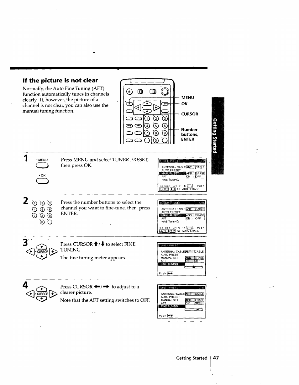 If the picture is not clear, Od od o, Menu | Cursor, Number, Enter, Cd cd cd, Cd'cd, Od od | Sony SLV-998HF User Manual | Page 47 / 100