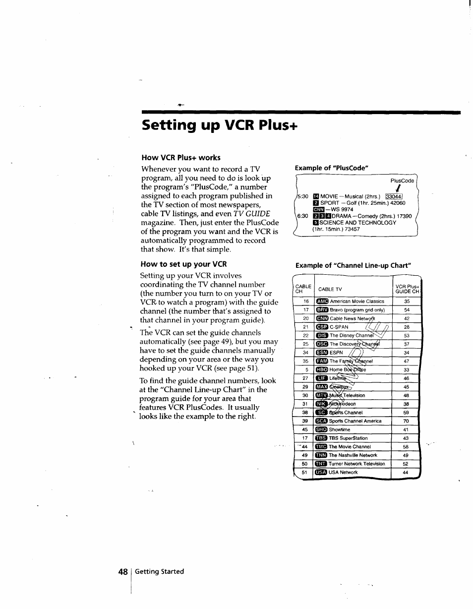 Setting up vcr plus, How vcr pius+ works, How to set up your vcr | Example of "pluscode | Sony SLV-998HF User Manual | Page 48 / 100