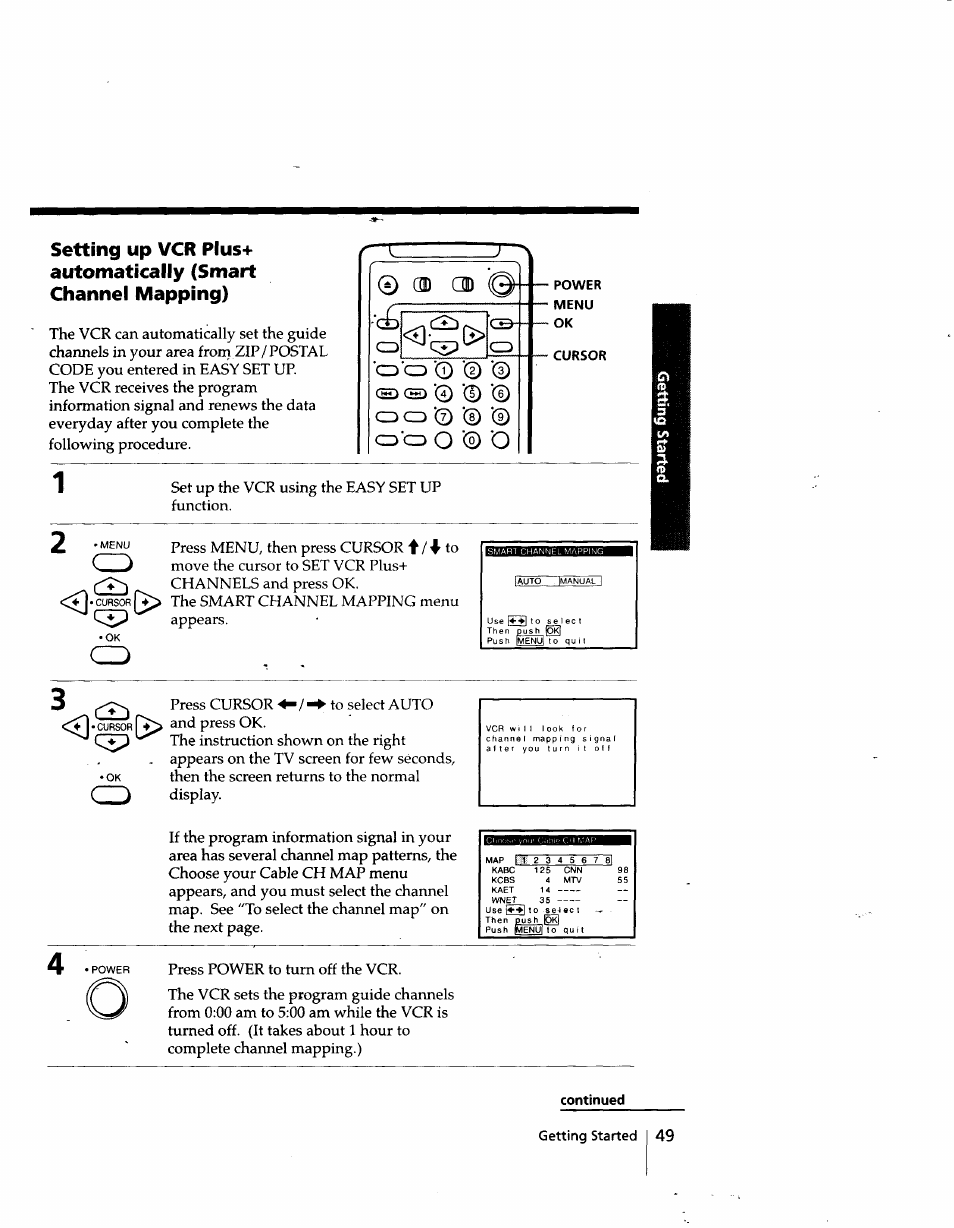 0 od od 0, Power, Menu | Cursor, Continued, Cd o'cd 0 1) | Sony SLV-998HF User Manual | Page 49 / 100