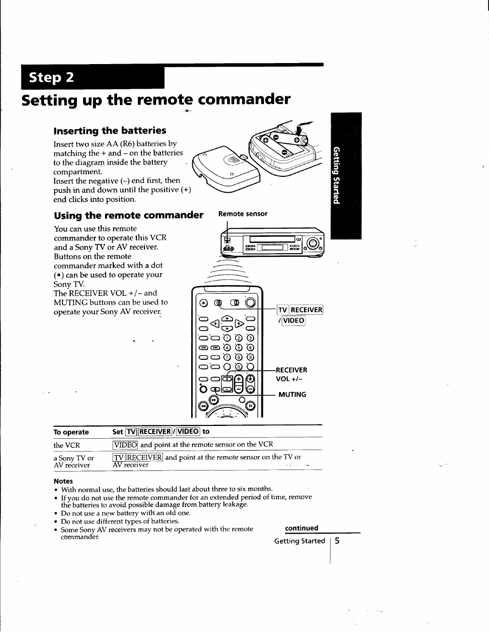 Setting up the remote commander, Inserting the batteries, Using the remote commander | Remote sensor, Tv receiver, Video, Step 2 | Sony SLV-998HF User Manual | Page 5 / 100