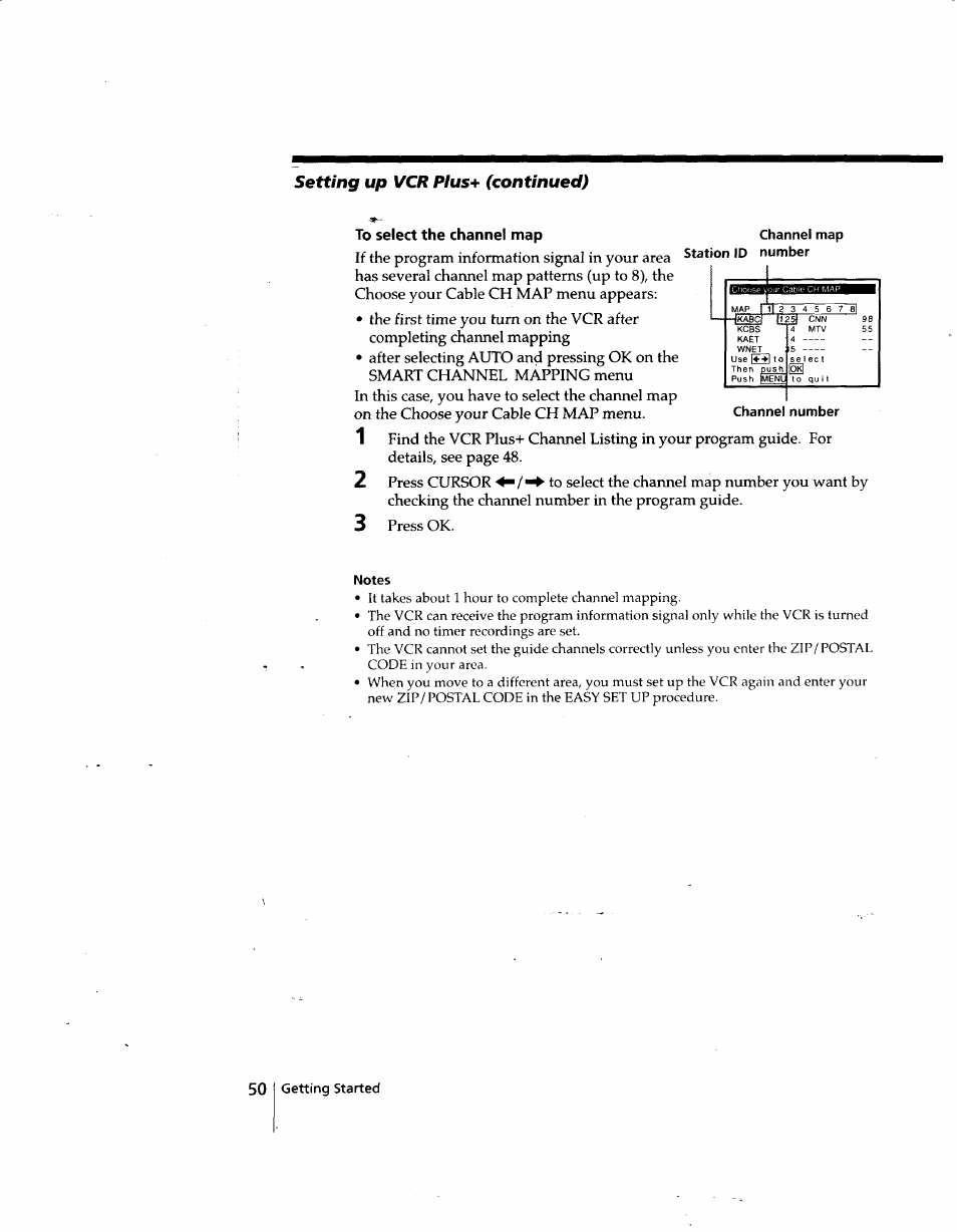 To select the channel map channel map, Notes, Setting up vcr pius* (continued) | Sony SLV-998HF User Manual | Page 50 / 100