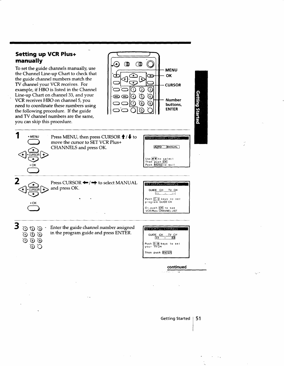 Setting up vcr plus+ manually, 0 ® cd ■c, Menu | Cursor, Number, Enter, Continued | Sony SLV-998HF User Manual | Page 51 / 100