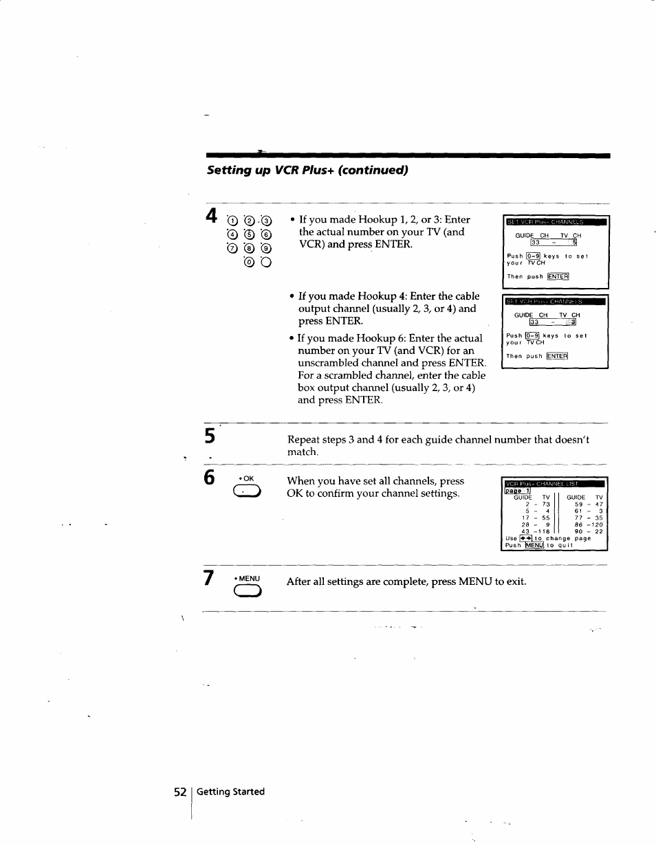 Setting up vcr plus* (continued) | Sony SLV-998HF User Manual | Page 52 / 100