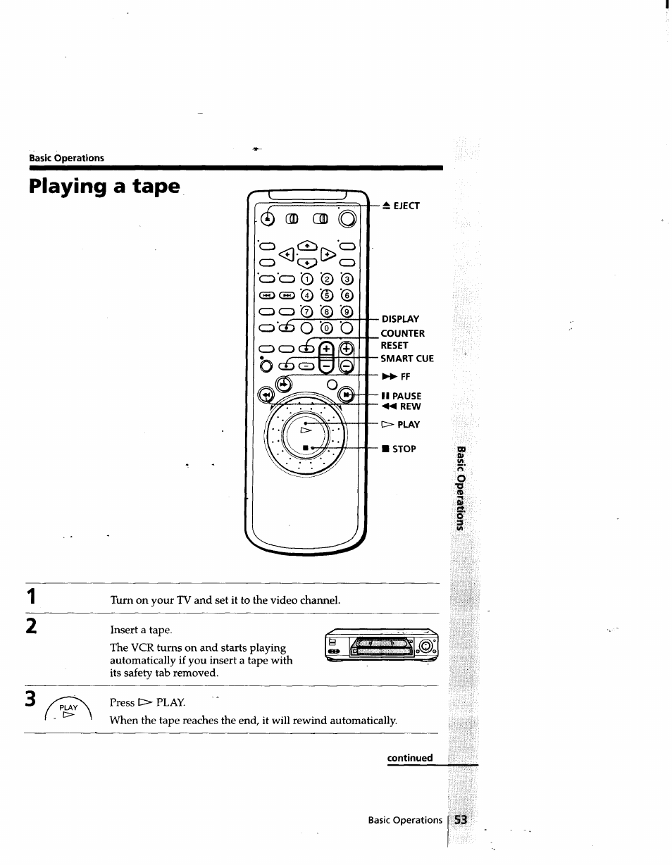 Basic operations, Playing a tape, Od cd | Continued, O 0 o, Cd'cd ‘o '0 0 | Sony SLV-998HF User Manual | Page 53 / 100