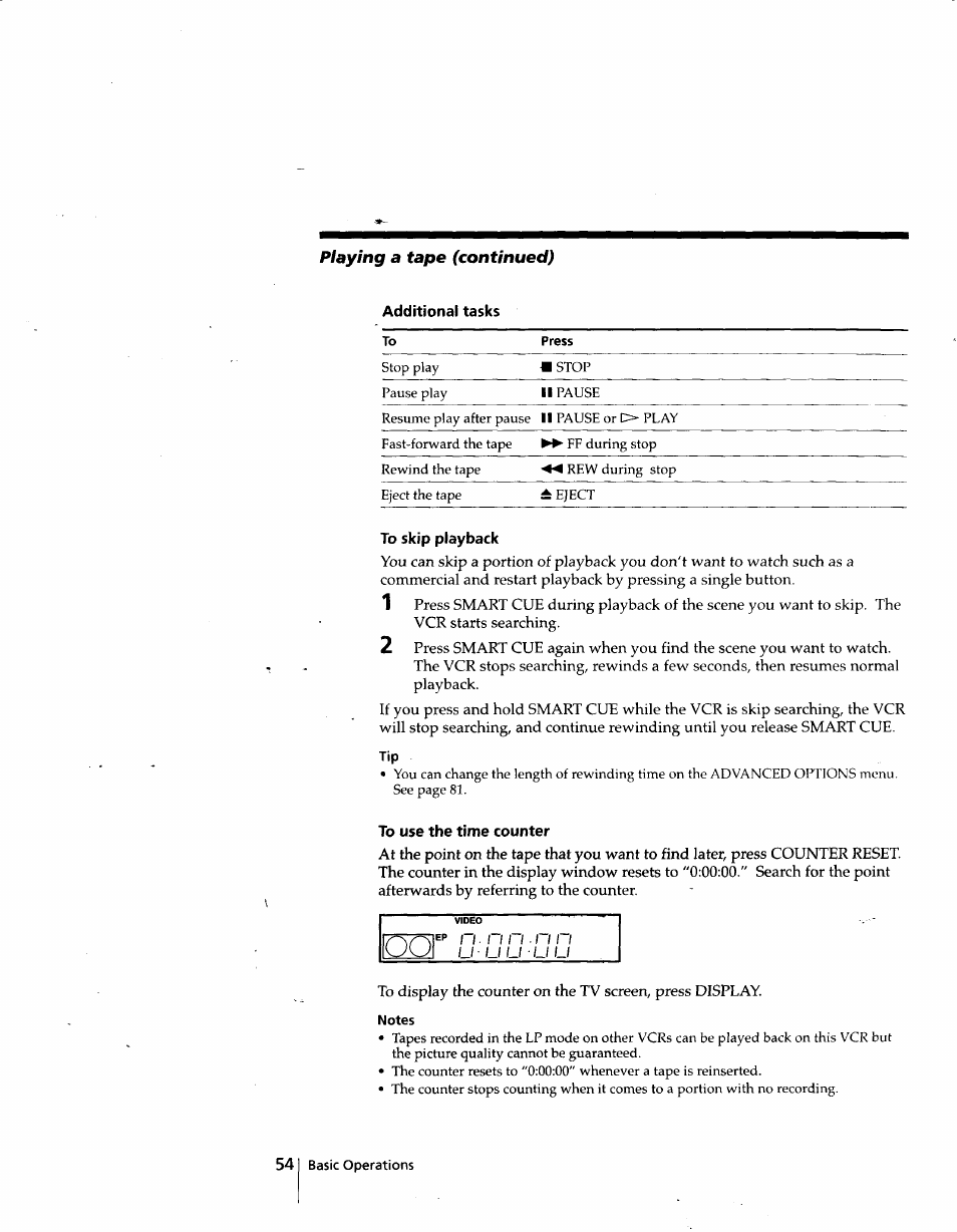 Additional tasks, To skip playback, To use the time counter | Notes, Playing a tape (continued) | Sony SLV-998HF User Manual | Page 54 / 100