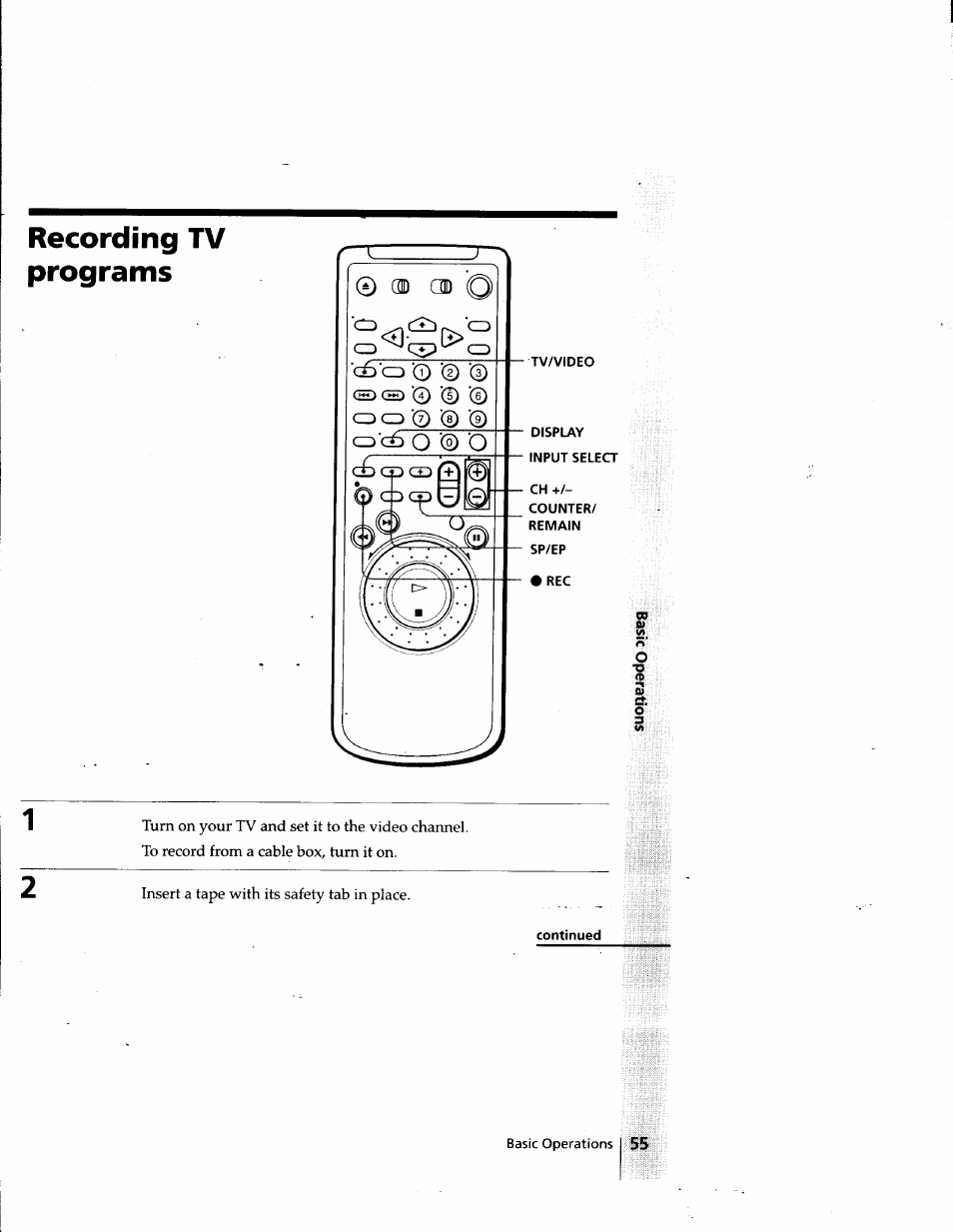 Recording tv programs, 0 od d) o, Ch) ■© ’0 0 czd q 0 0 0 o’di o 0 o | Tv/video, Display input select, Counter, Remain, Sp/ep • rec, Continued | Sony SLV-998HF User Manual | Page 55 / 100