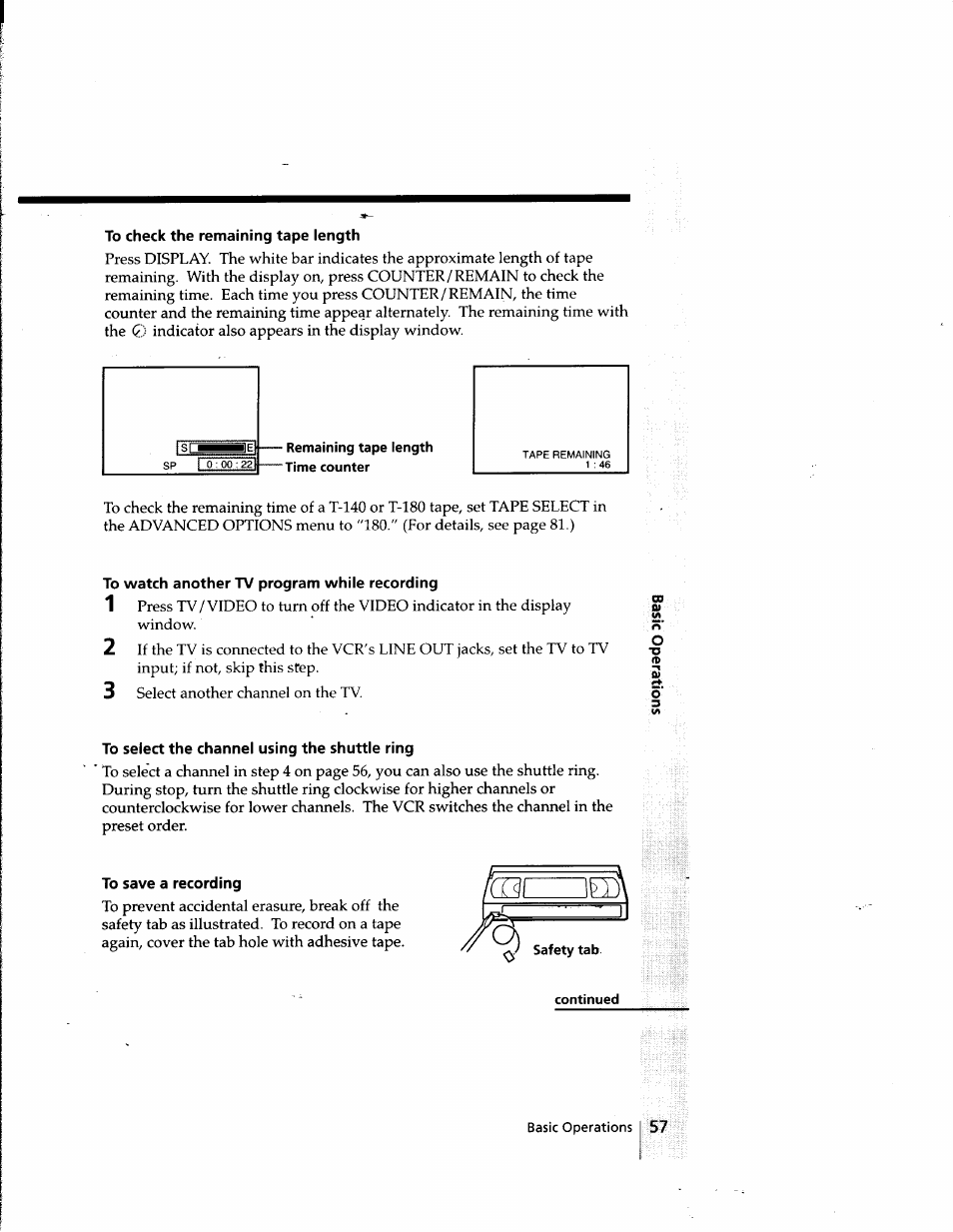 To check the remaining tape length, Remaining tape length ] time counter, To watch another tv program while recording | To select the channel using the shuttle ring, To save a recording | Sony SLV-998HF User Manual | Page 57 / 100