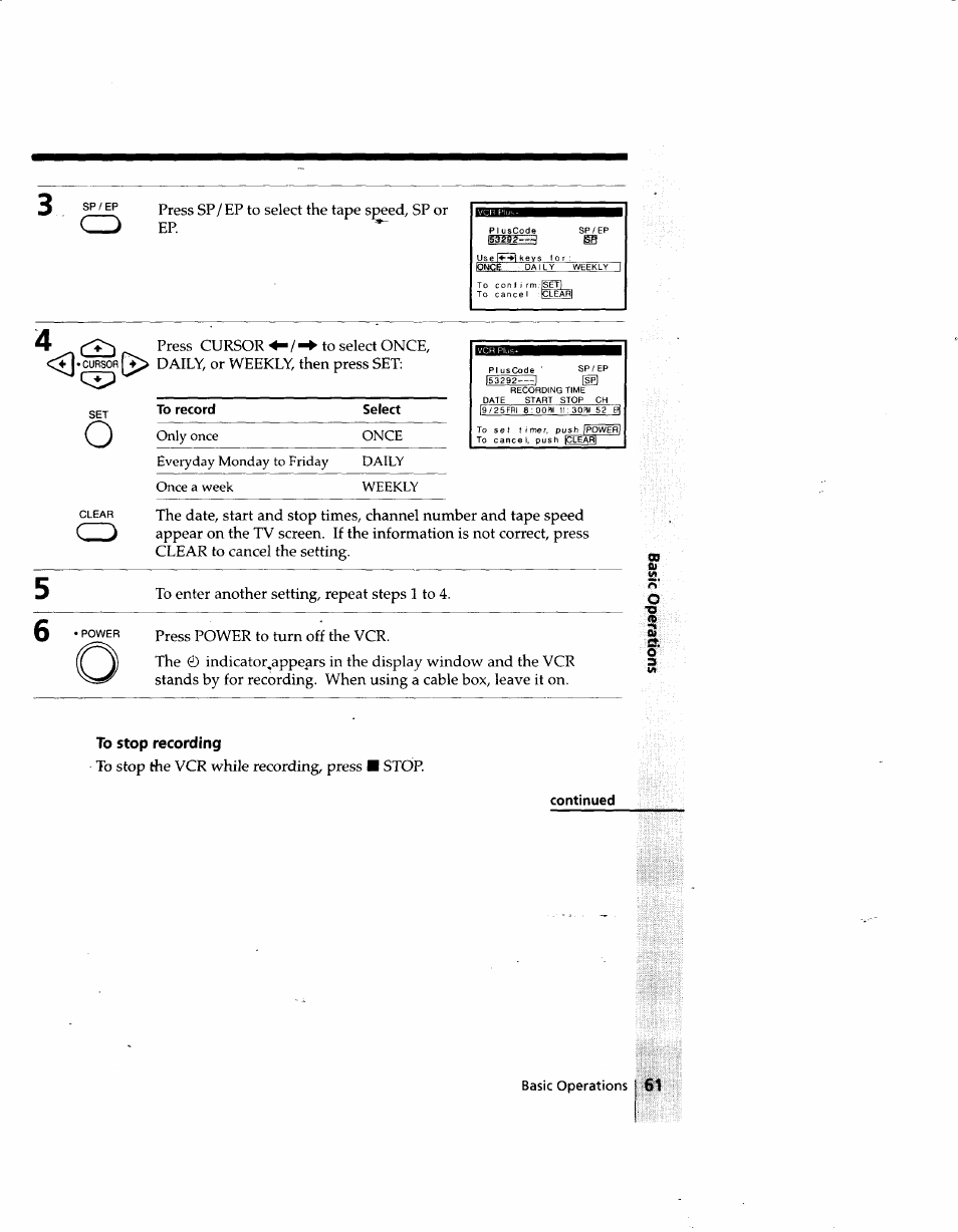 To stop recording, Continued | Sony SLV-998HF User Manual | Page 61 / 100