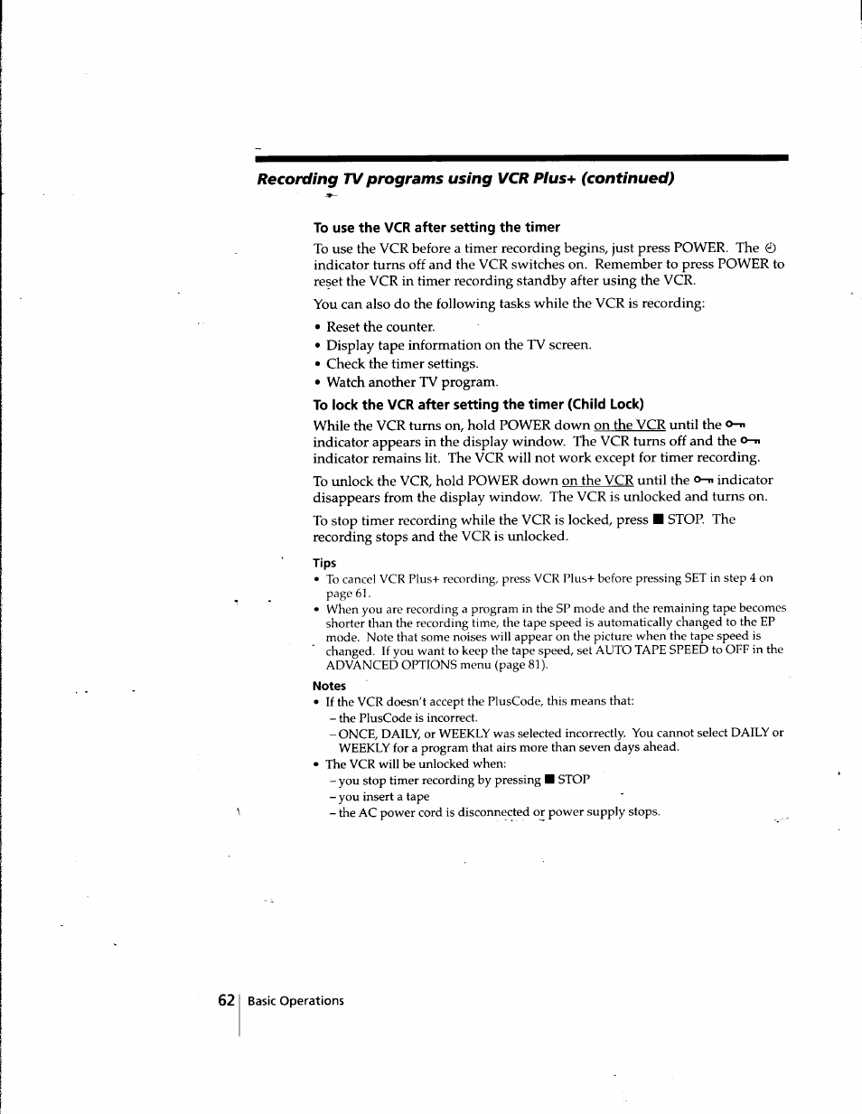 To use the vcr after setting the timer, Tips, Notes | Recording tv programs using vcr plus+ (continued) | Sony SLV-998HF User Manual | Page 62 / 100