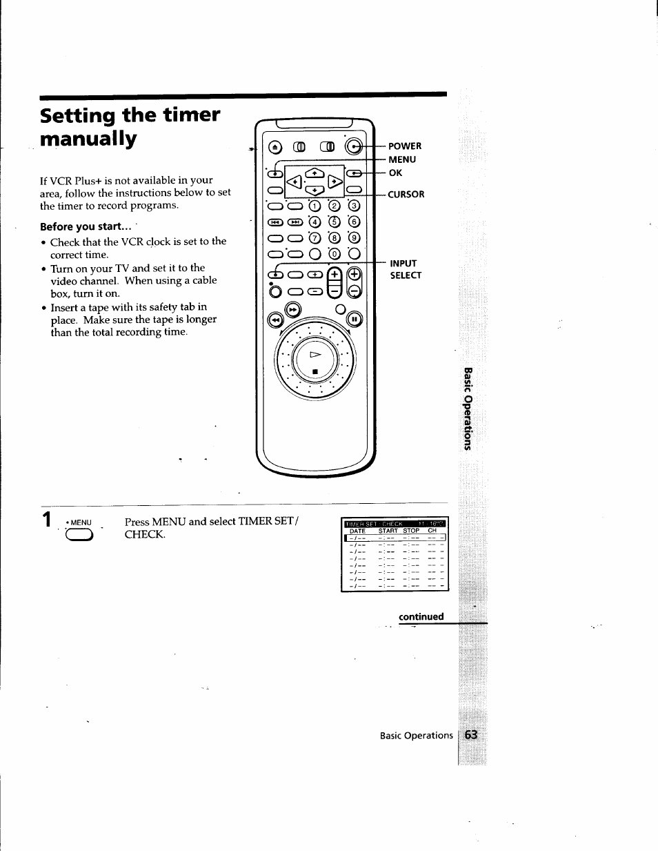 Setting the timer manually, Continued | Sony SLV-998HF User Manual | Page 63 / 100