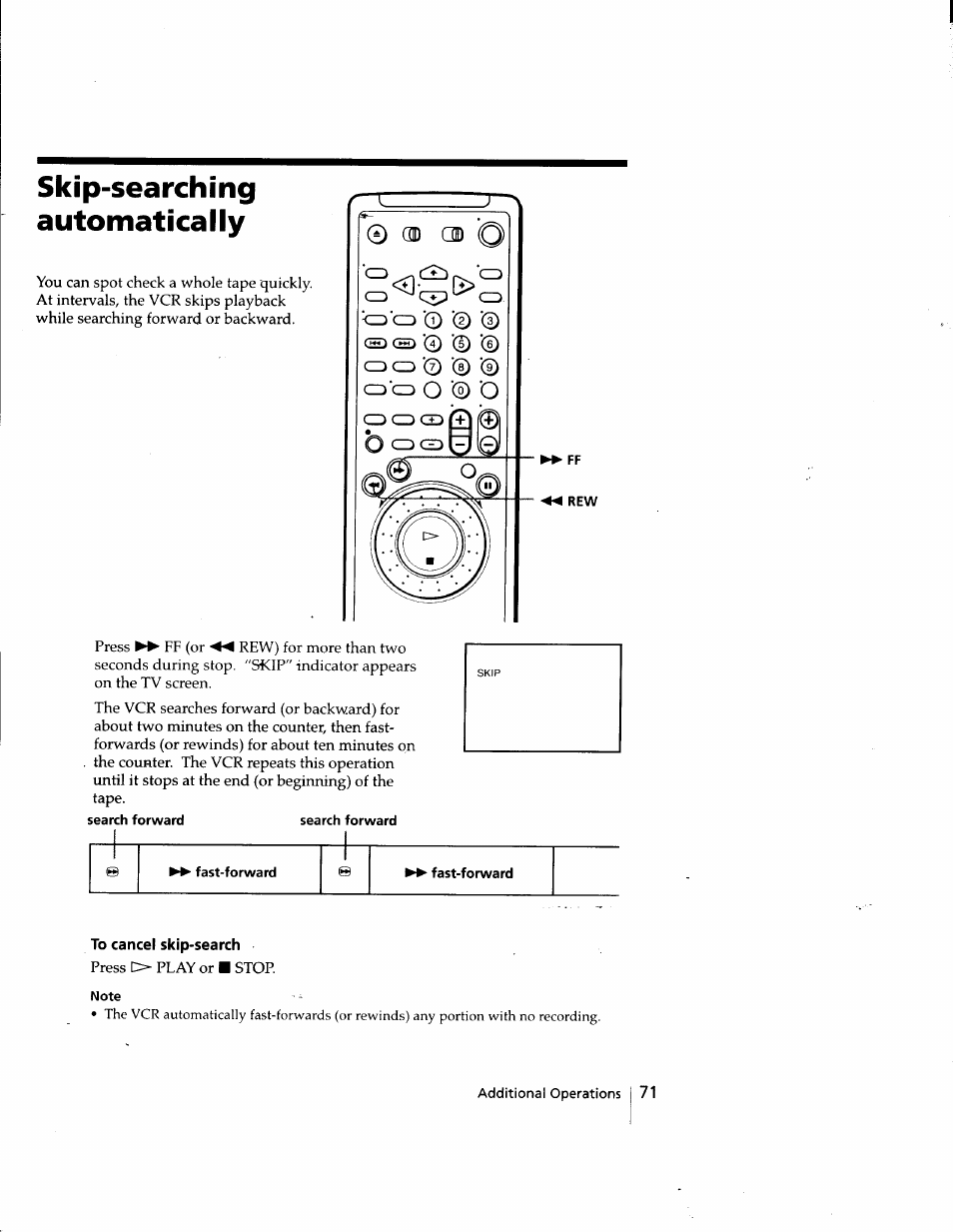 Skip-searching, Automatically, Fast-forward | To cancel skip-search, Note, Skip-searching automatically | Sony SLV-998HF User Manual | Page 71 / 100