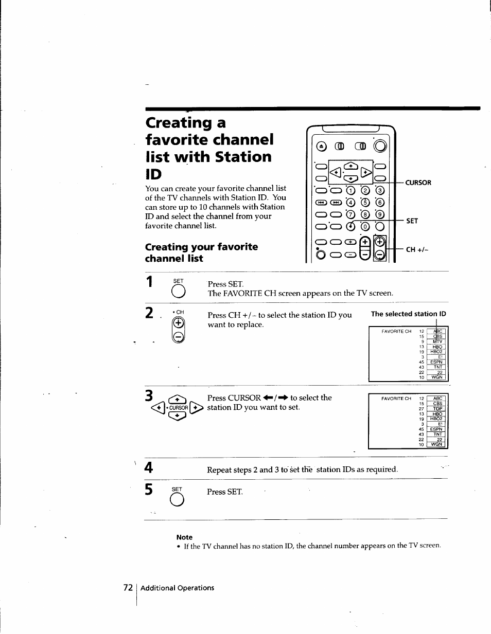 Creating your favorite channel list, 0 d) od, Creating a favorite channel list with station id | Cd'cd 'o ‘0 0, 0 0 o | Sony SLV-998HF User Manual | Page 72 / 100