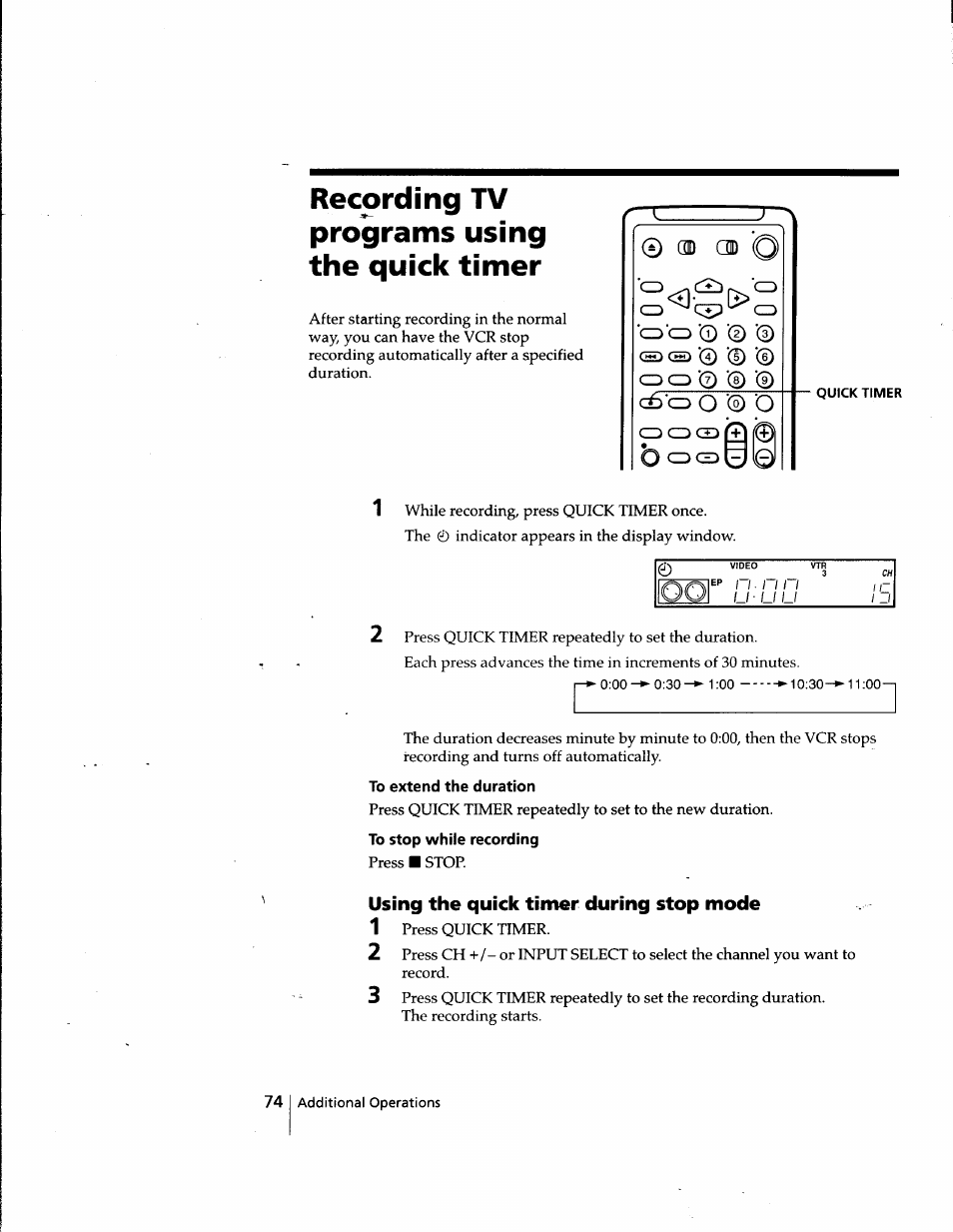 Recording tv programs using the quick timer, 0 od, O o 0 0 0 | C±>'cd o 0 o, Cdcdcidh, Quick timer, To extend the duration, To stop while recording, Using the quick timer during stop mode, O 0 o | Sony SLV-998HF User Manual | Page 74 / 100