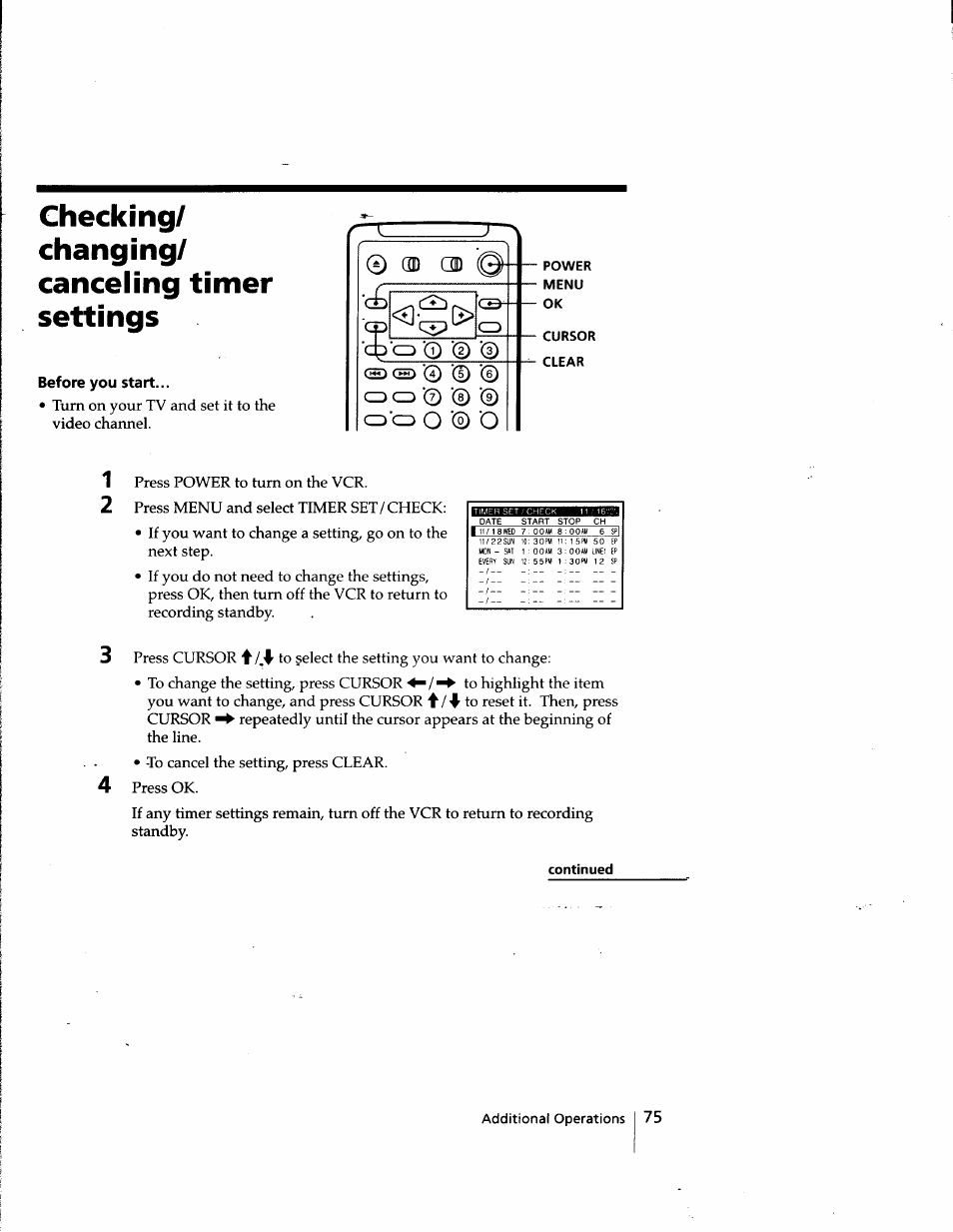Before you start, Continued, Checking/ changing/ canceling timer settings | Sony SLV-998HF User Manual | Page 75 / 100