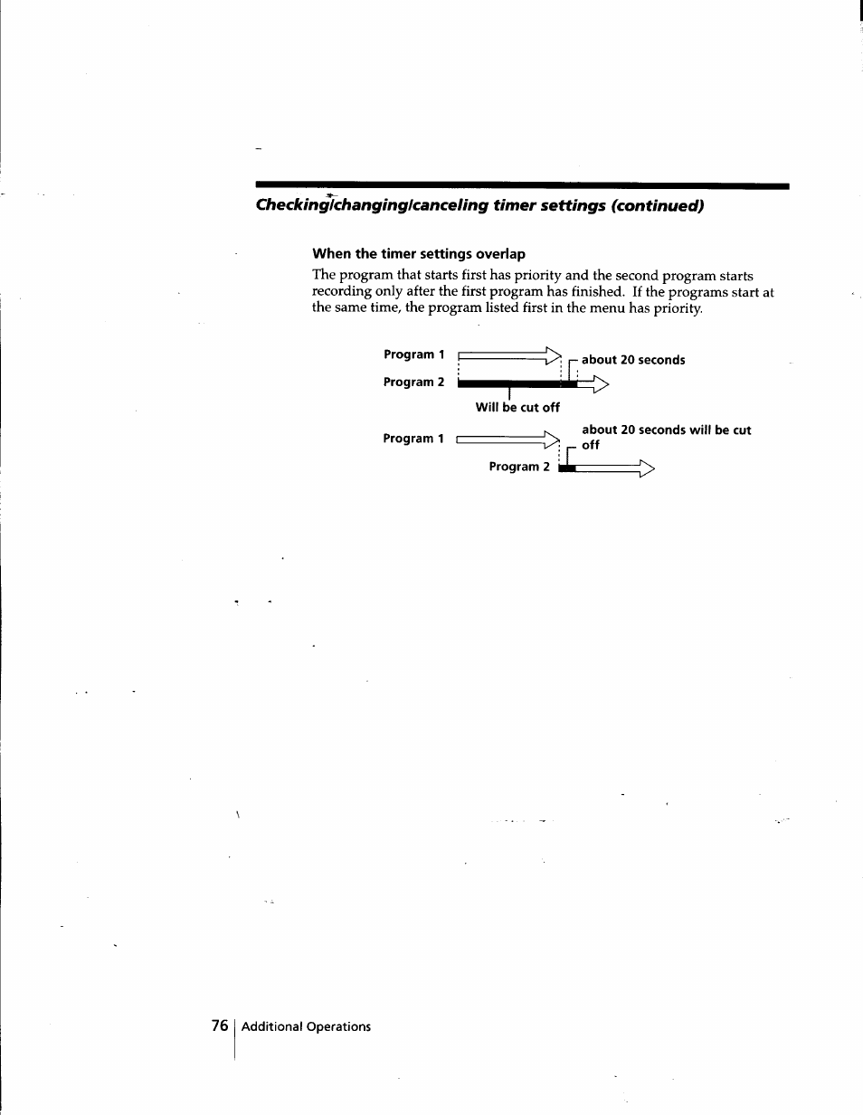 When the timer settings overlap, Program 1 p, Program 2 | F about 20 seconds, About 20 seconds will be cut r- off | Sony SLV-998HF User Manual | Page 76 / 100