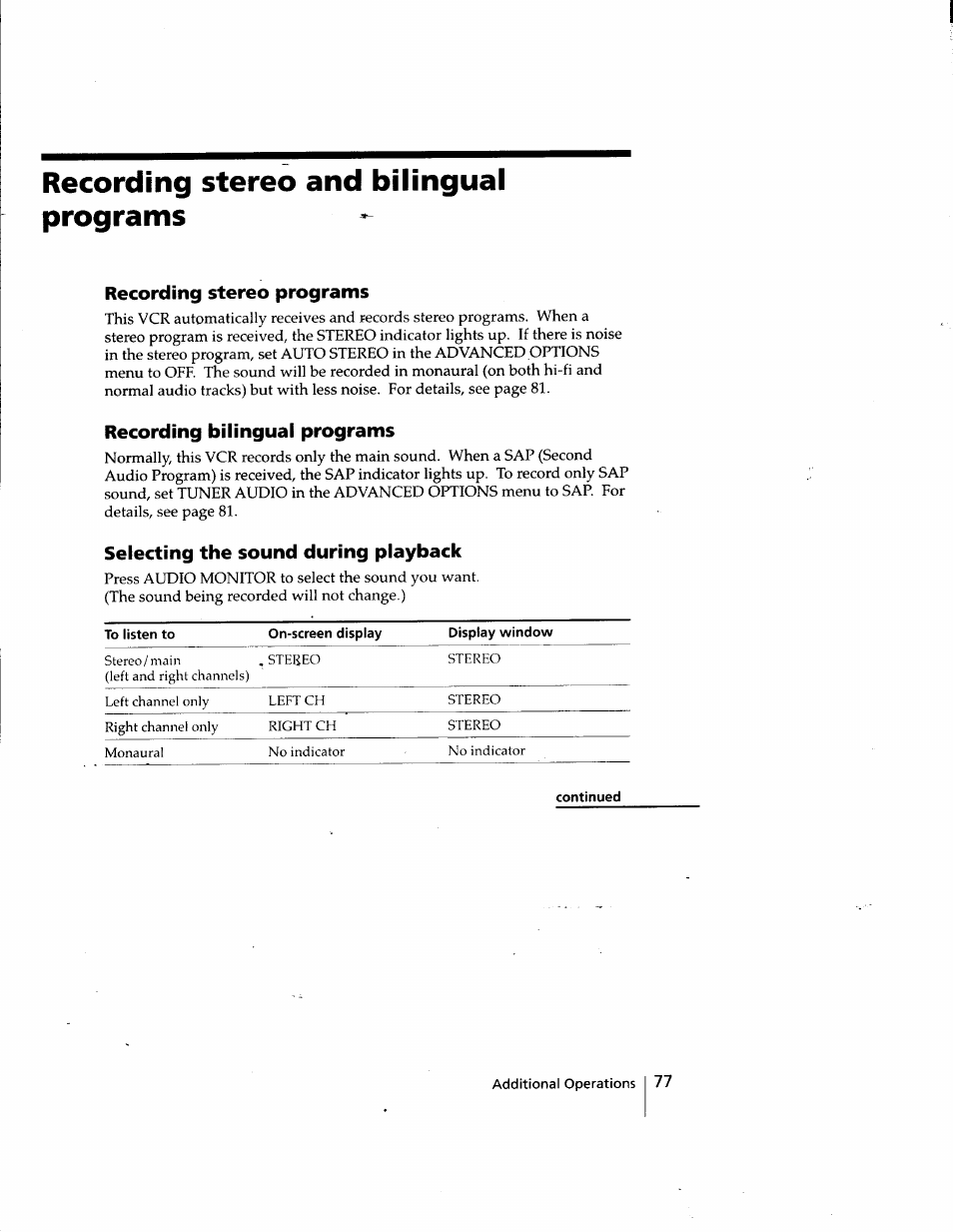 Recording stereo and bilingual programs, Recording stereo programs, Recording bilingual programs | Selecting the sound during playback | Sony SLV-998HF User Manual | Page 77 / 100